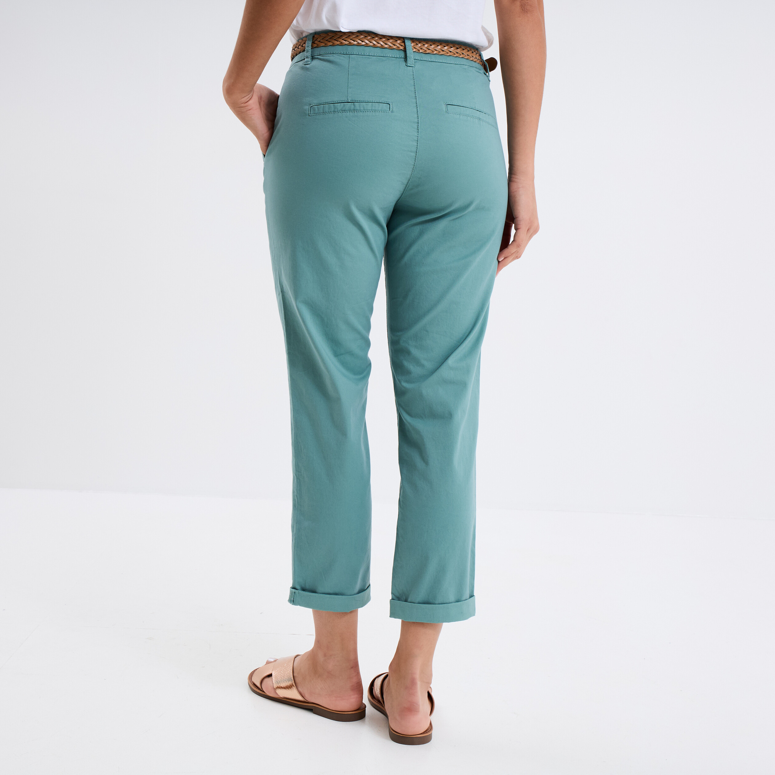 Pantalon Droit En Lin Bleu Turquoise LA CITY - Taille 38, Ceinture Incluse, Occasion Bon état