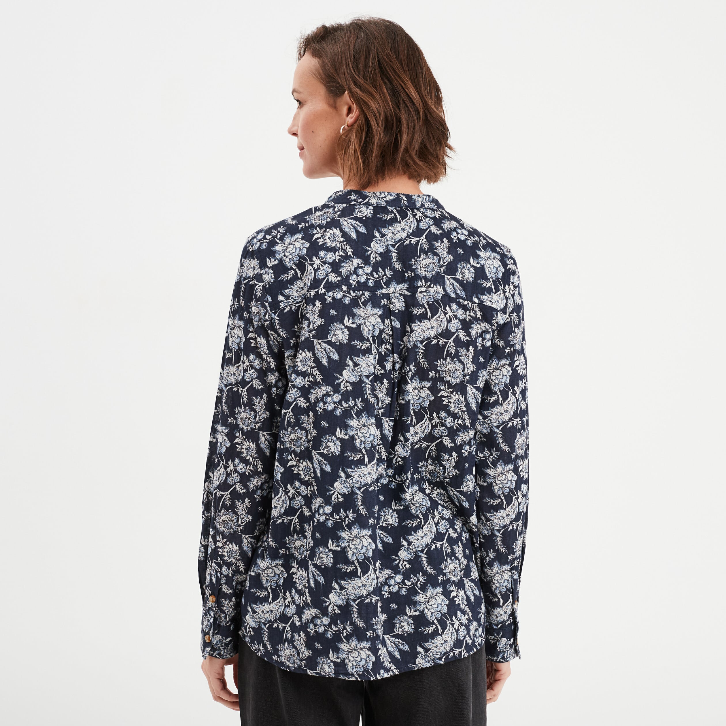 Chemise manches longues col mao bleu marine femme