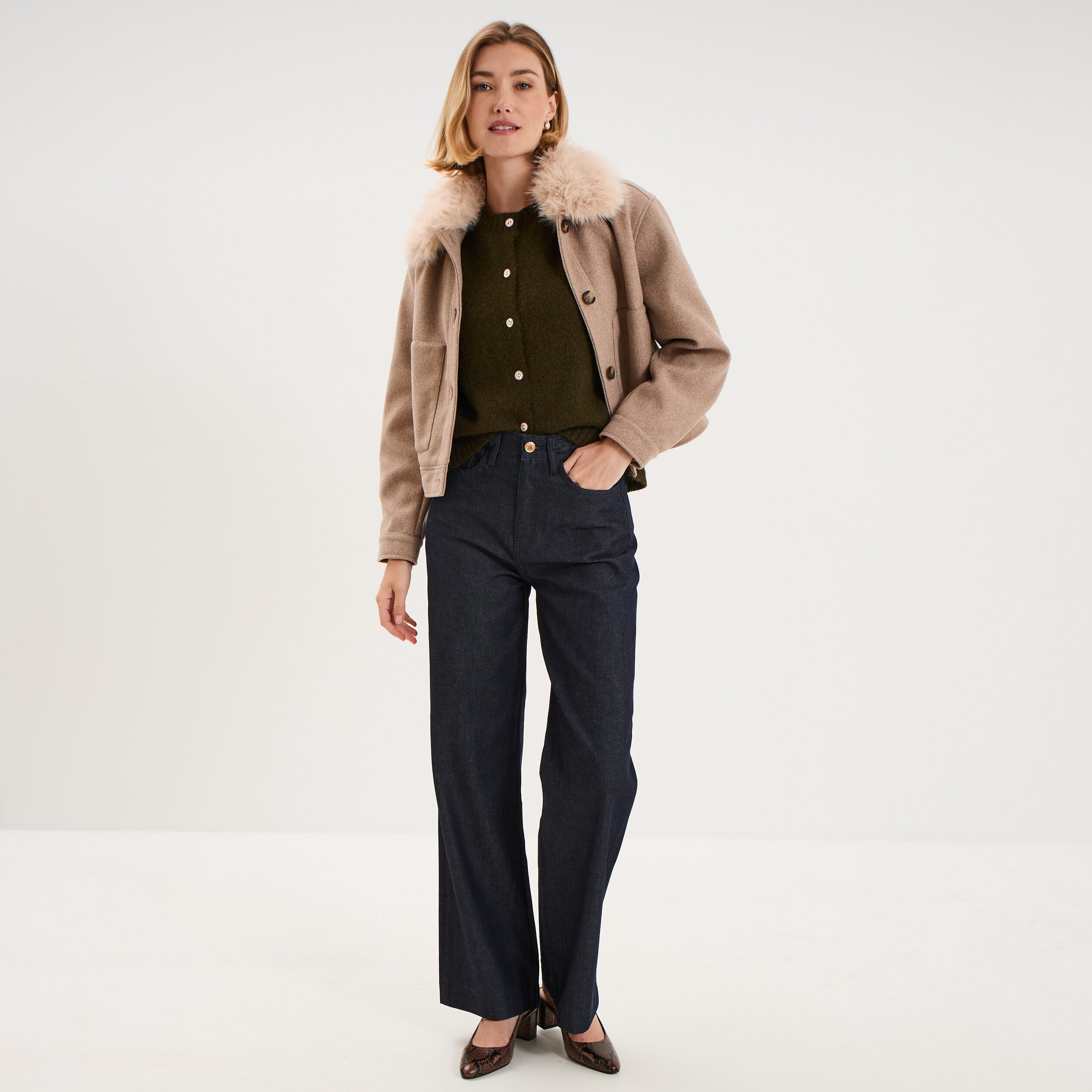 Jean large taille haute ceinture tress&eacute;e denim brut femme
