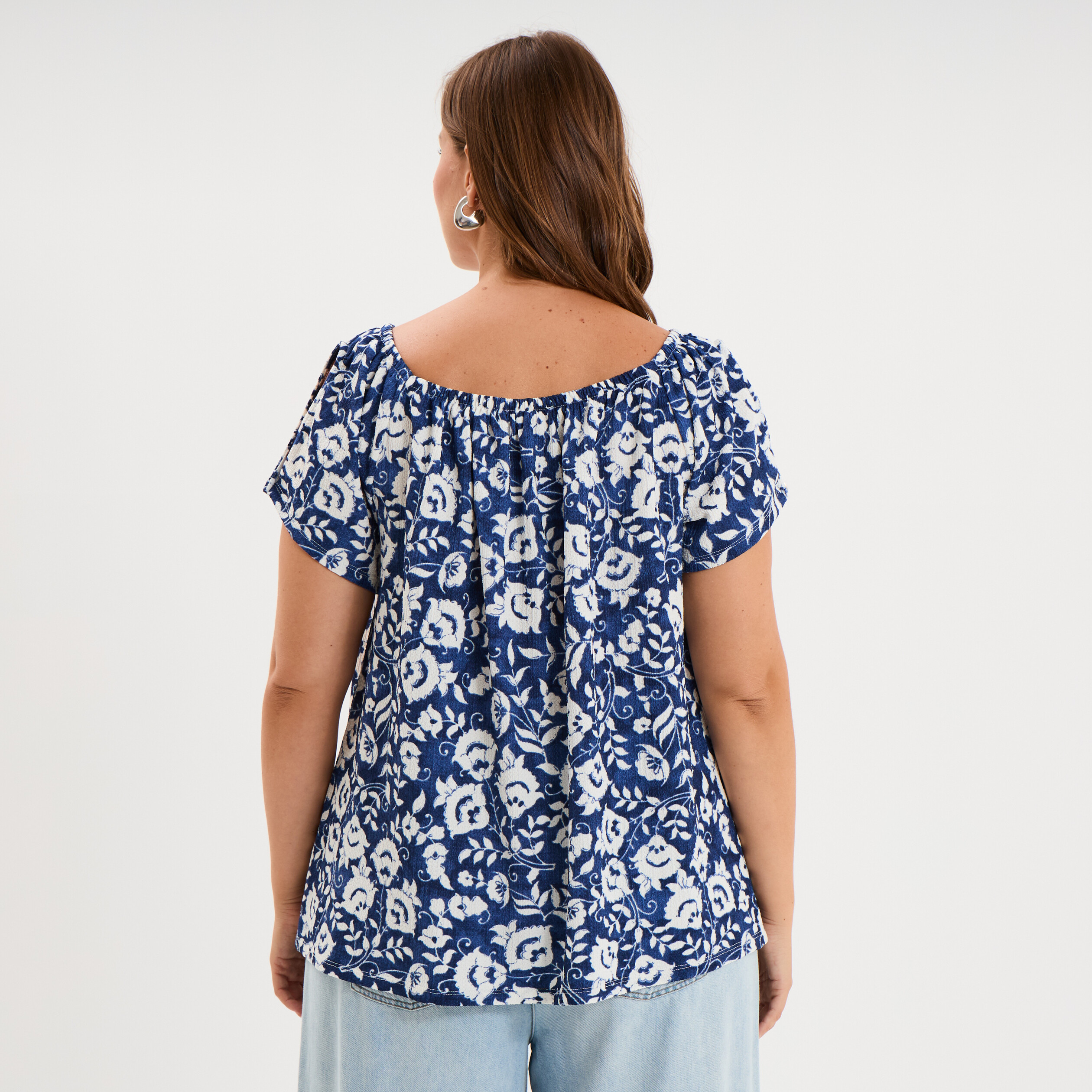 T-shirt gaufr&eacute; avec manches &agrave; noeuds bleu marine femme grande taille