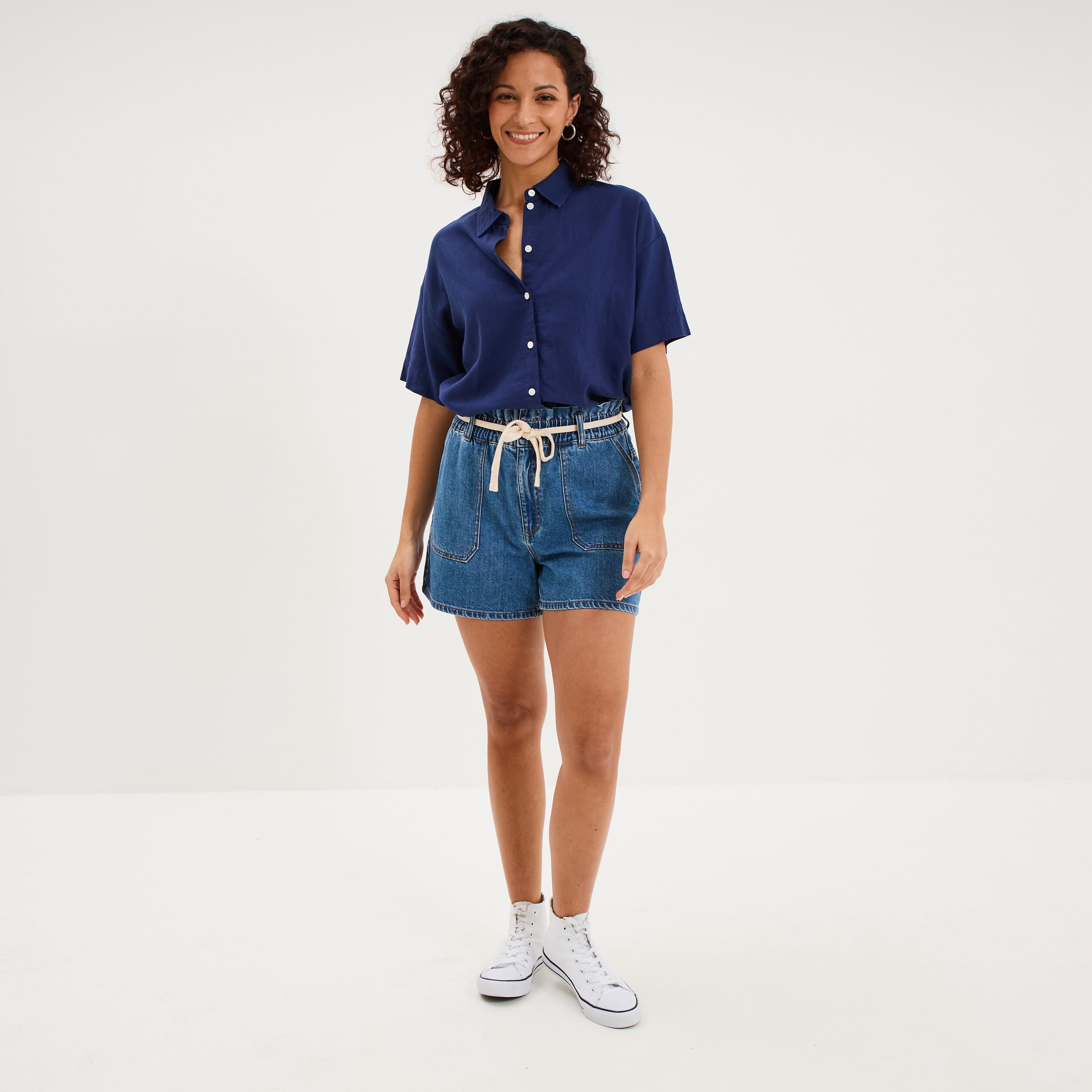 Short mom en jean ceinture cordon denim stone femme