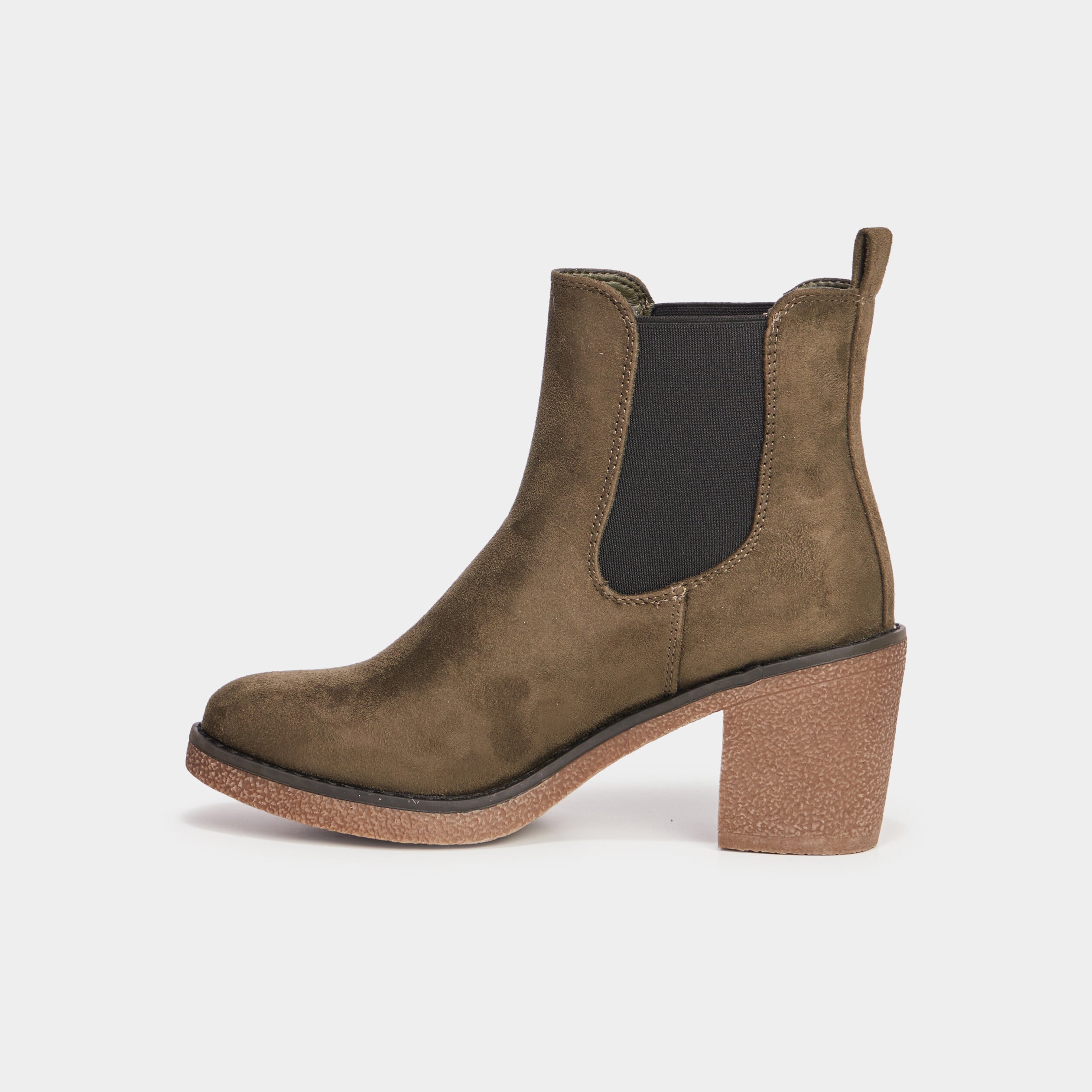 Bottines chelsea &agrave; talons aspect su&eacute;dine vert kaki femme