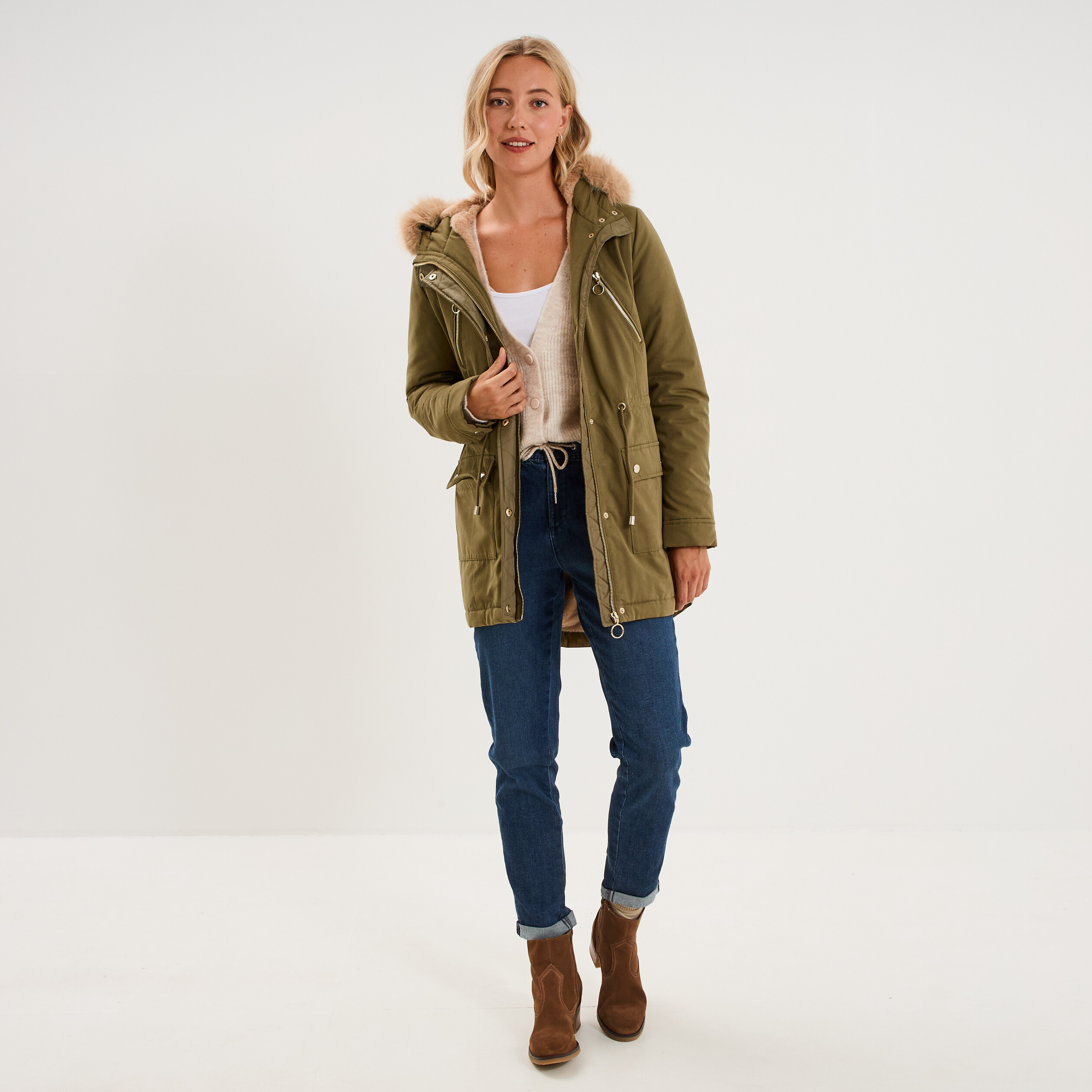 Parka cintr&eacute;e capuche fausse fourrure vert kaki femme