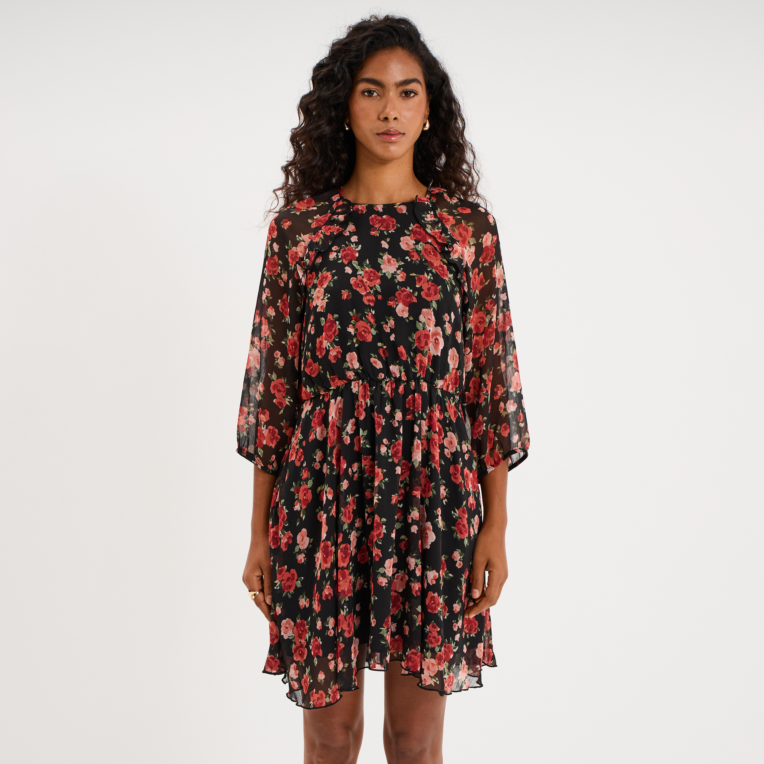 Robe fluide courte manches 3/4 noir femme