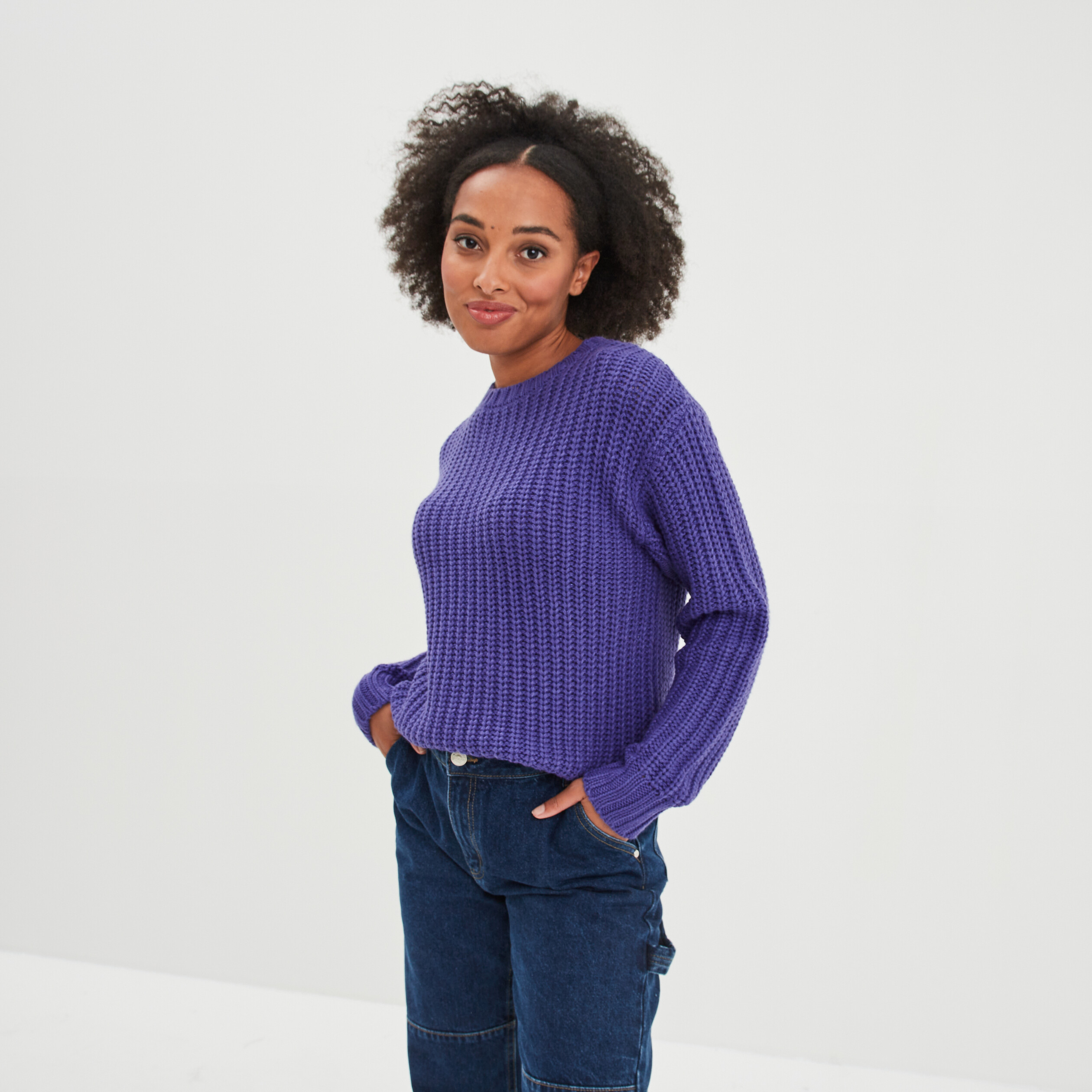 Pull côtelé col rond manches longues violet femme
