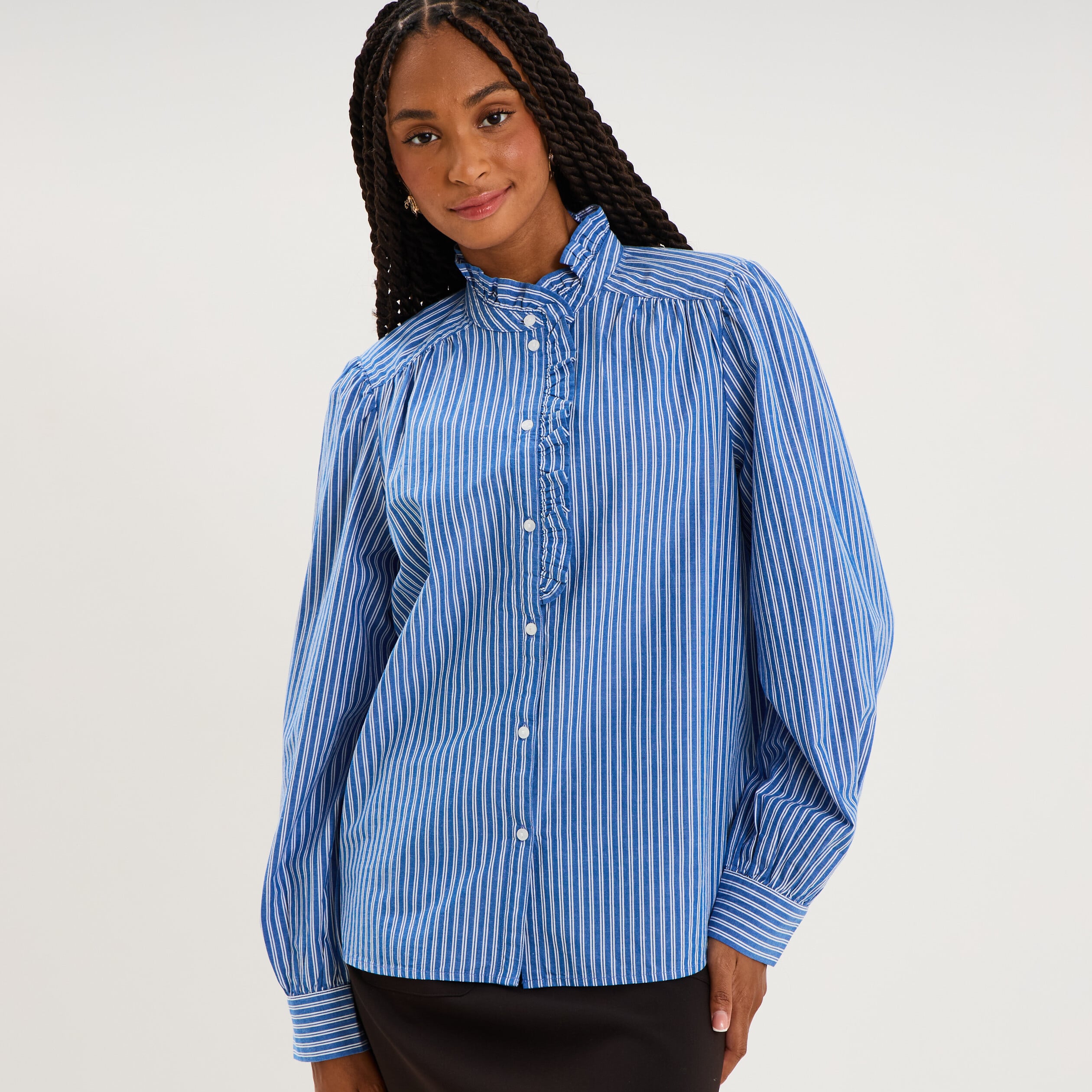 Blouse manches longues col montant bleu femme