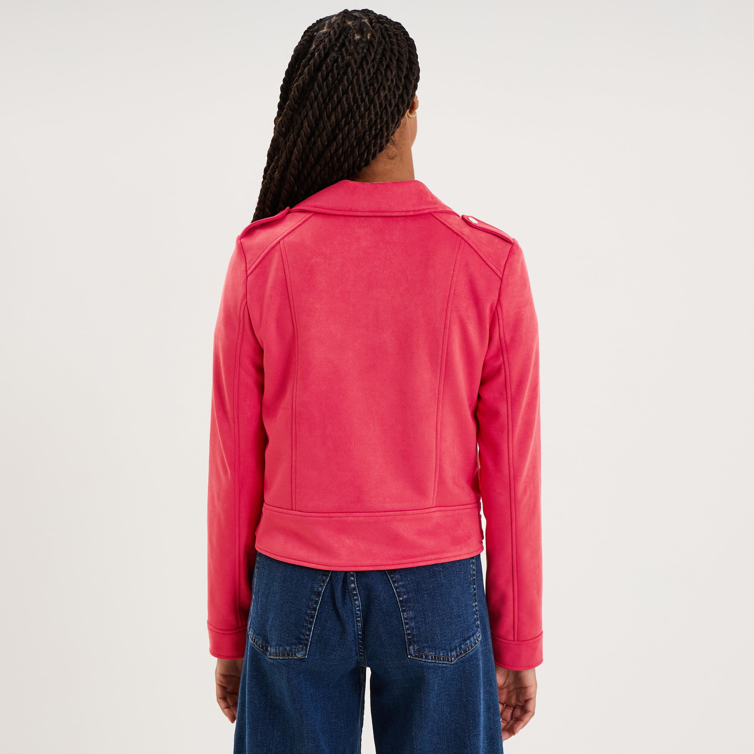 Veste biker en su&eacute;dine ajust&eacute;e rose cerise femme