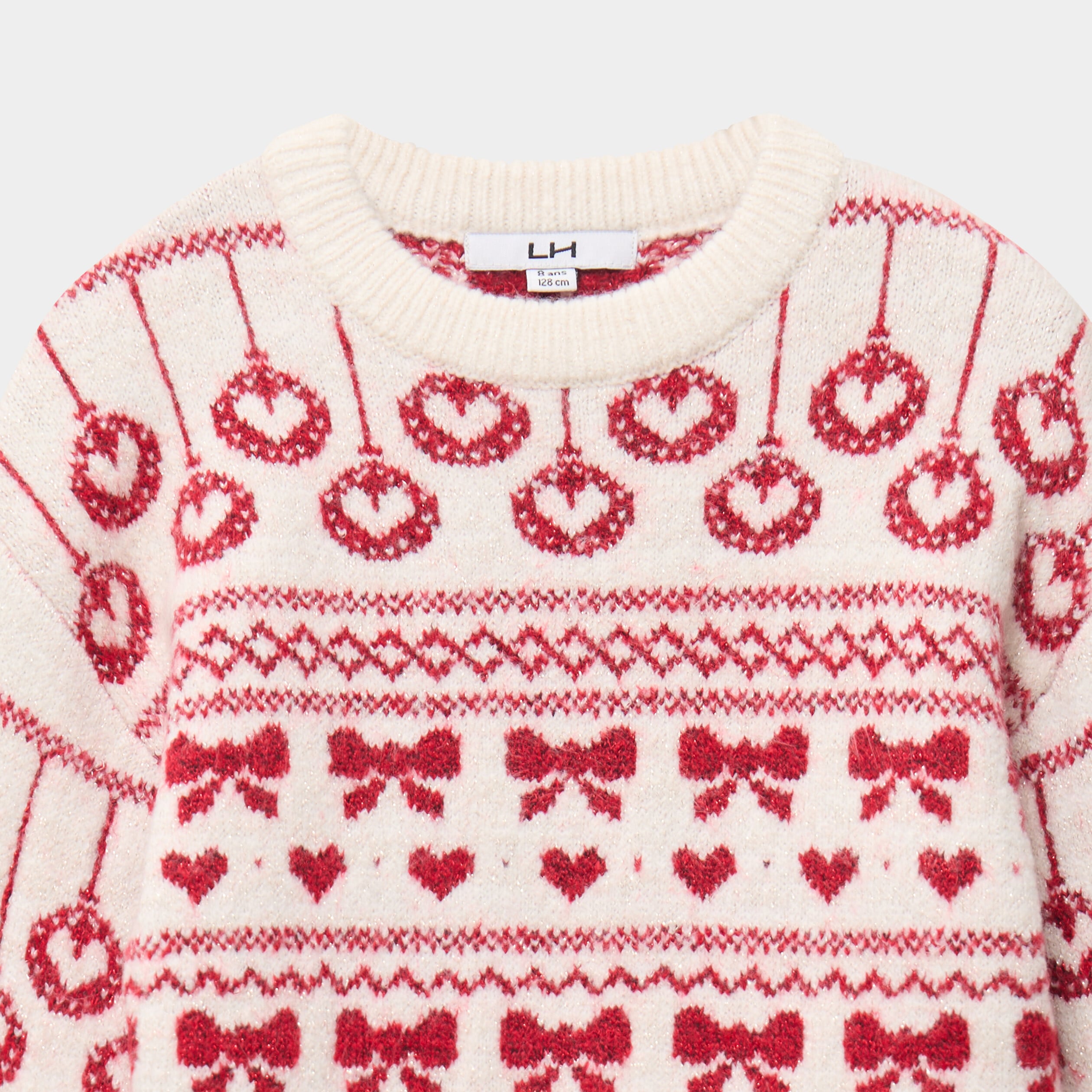 Pull manches longues col rond jacquard ecru fille