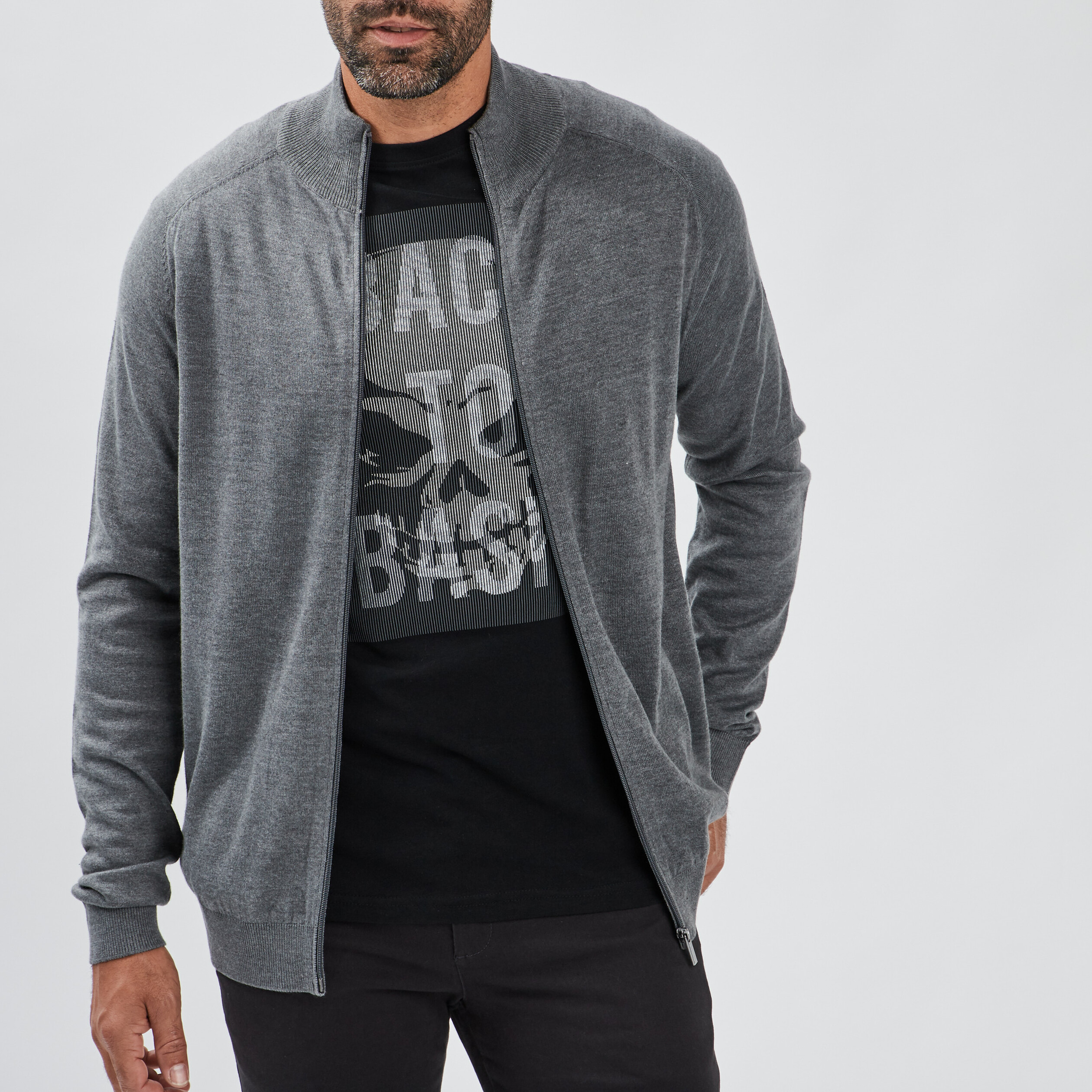 gilet manches longues zippe col montant gris fonce homme Gilet manches longues zippé col montant gris foncé homme