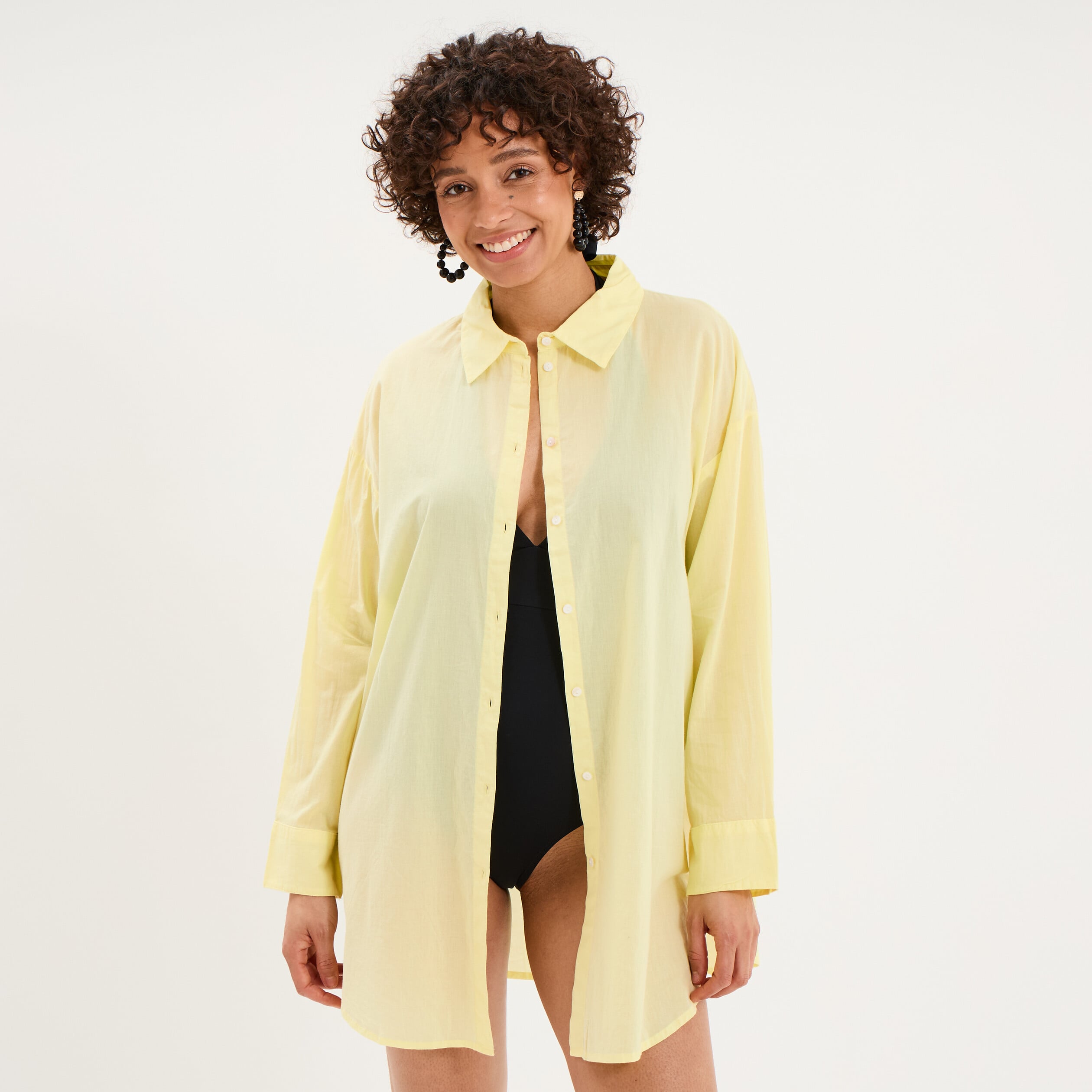 Robe chemise de plage voile de coton jaune femme