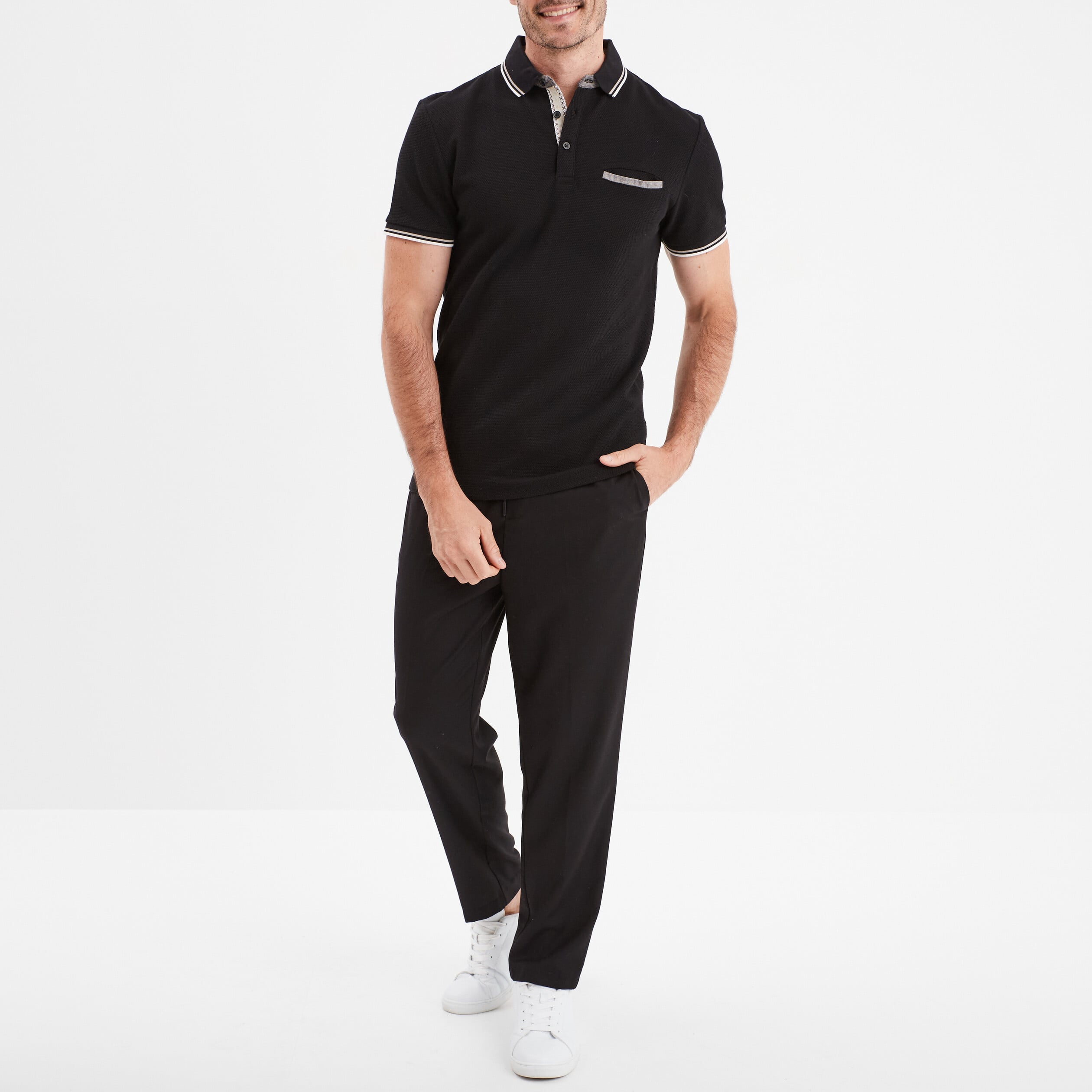 Polo piqu&eacute; manches courtes coton noir homme