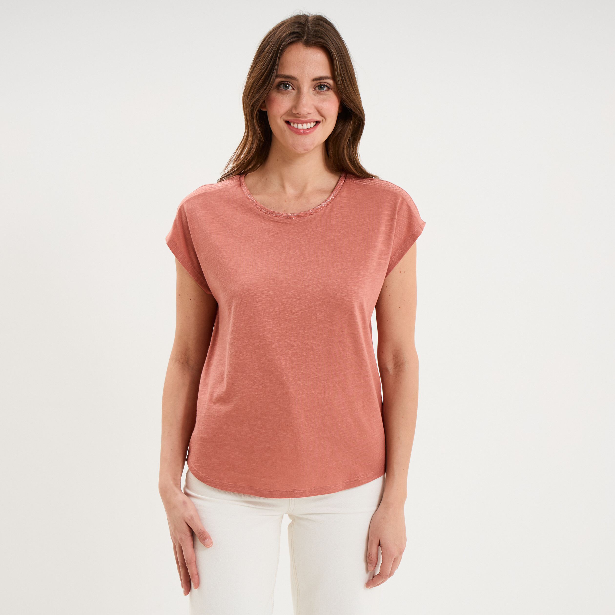 T-shirt col rond manches courtes terracotta femme
