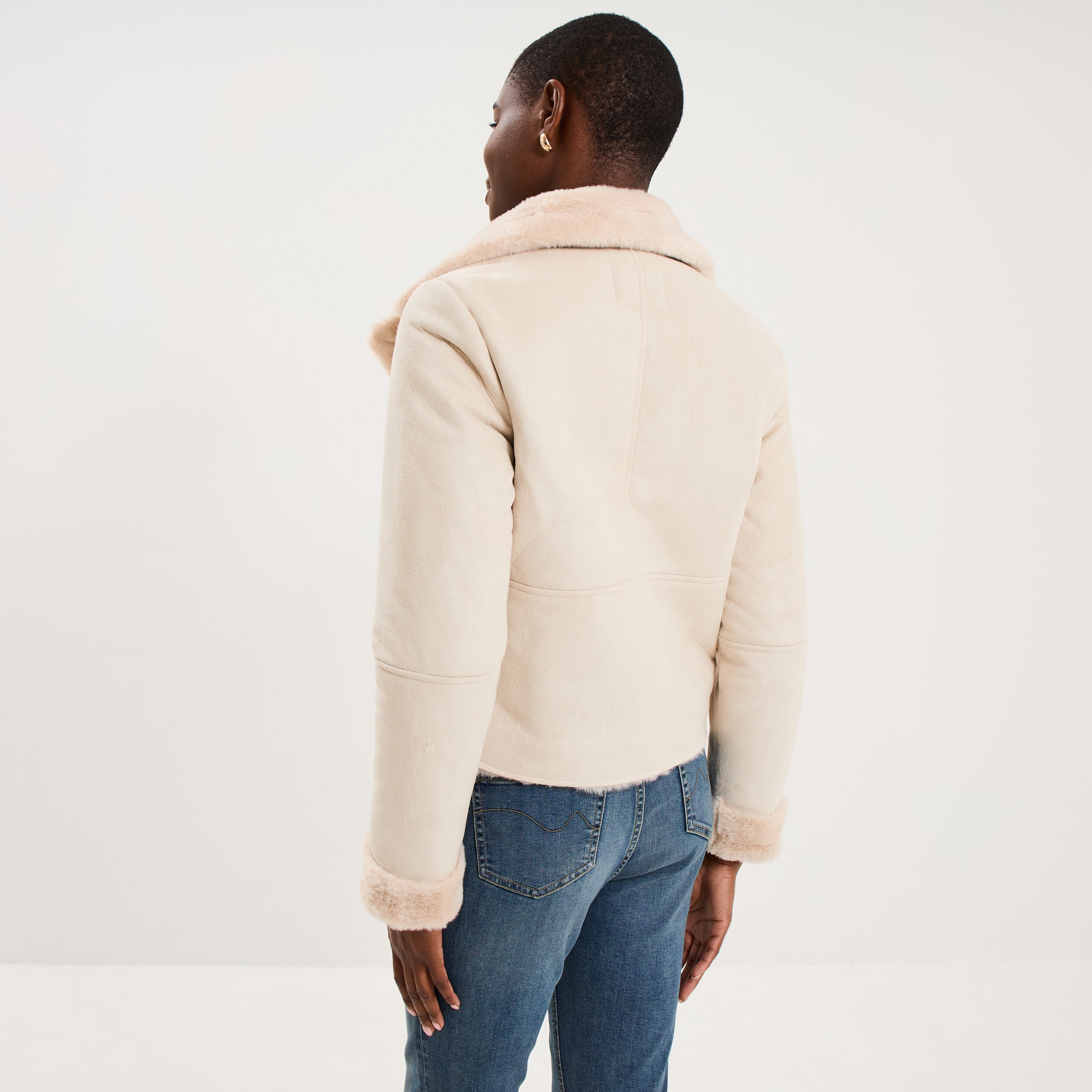 Veste col aviateur zipp&eacute;e doubl&eacute;e beige femme