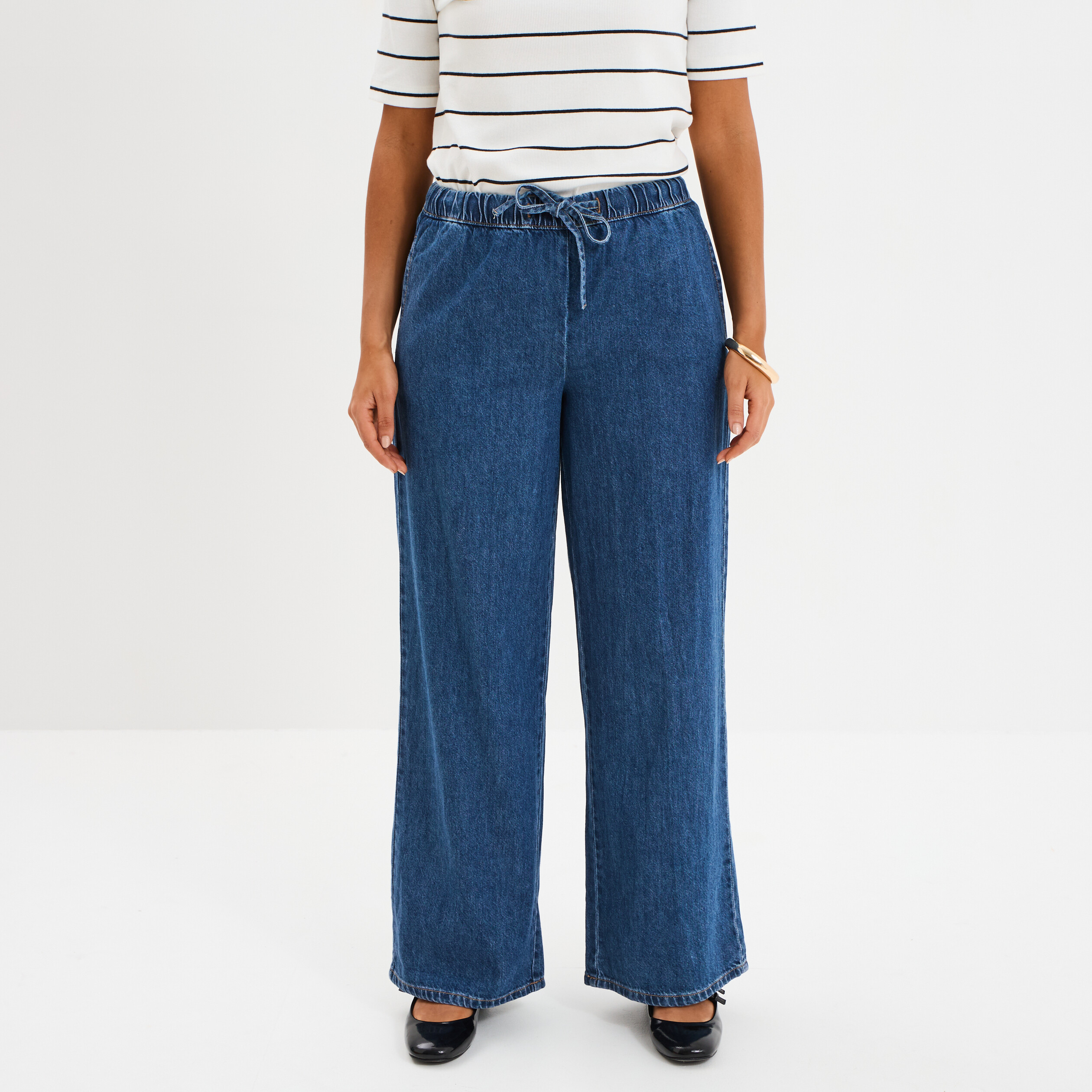 jeans wide leg taille elastiquee creeks denim stone femme Jeans wide leg taille élastiquée Creeks denim stone femme