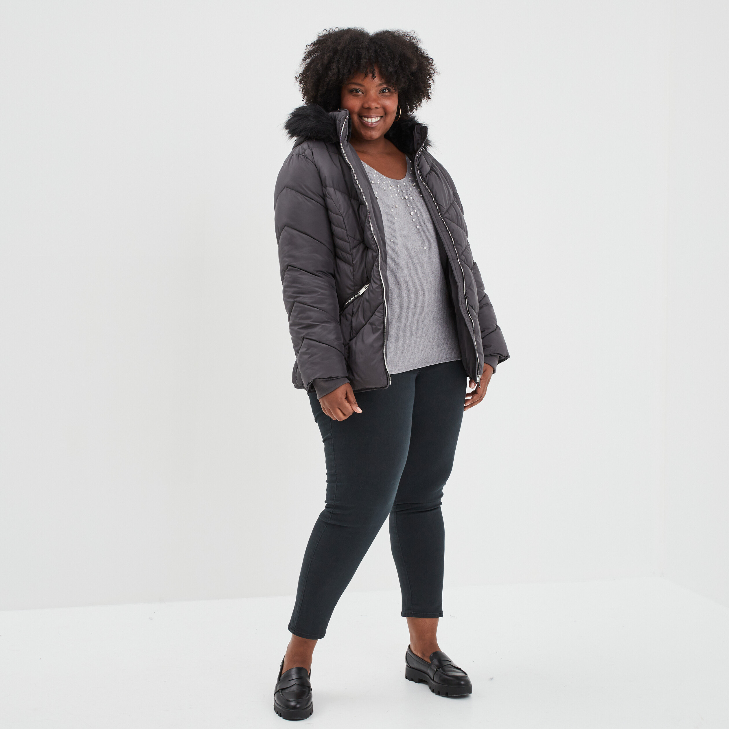 Pull perles strass manches avec fentes gris femme grande taille