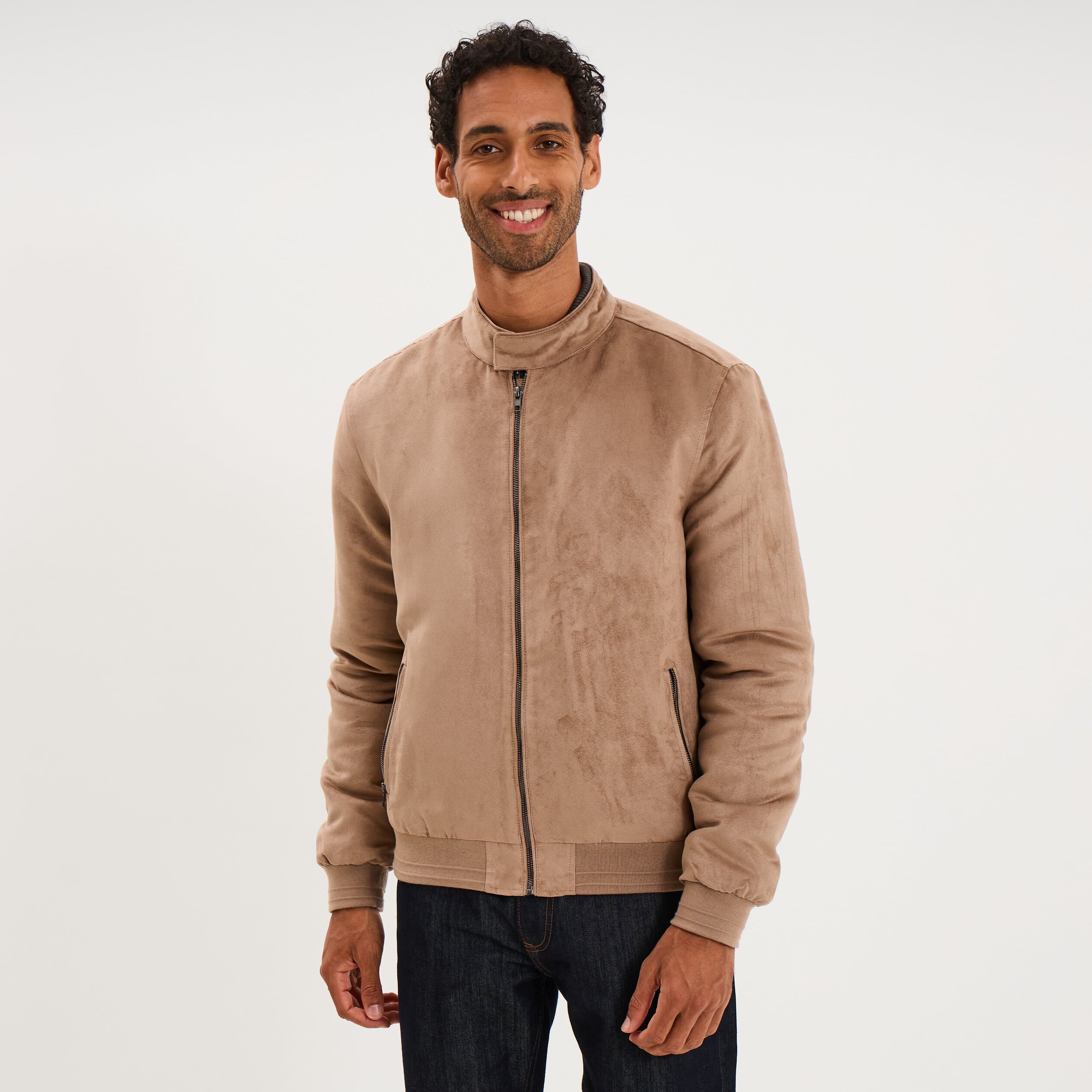 Blouson col biker en su&eacute;dine zipp&eacute; taupe homme