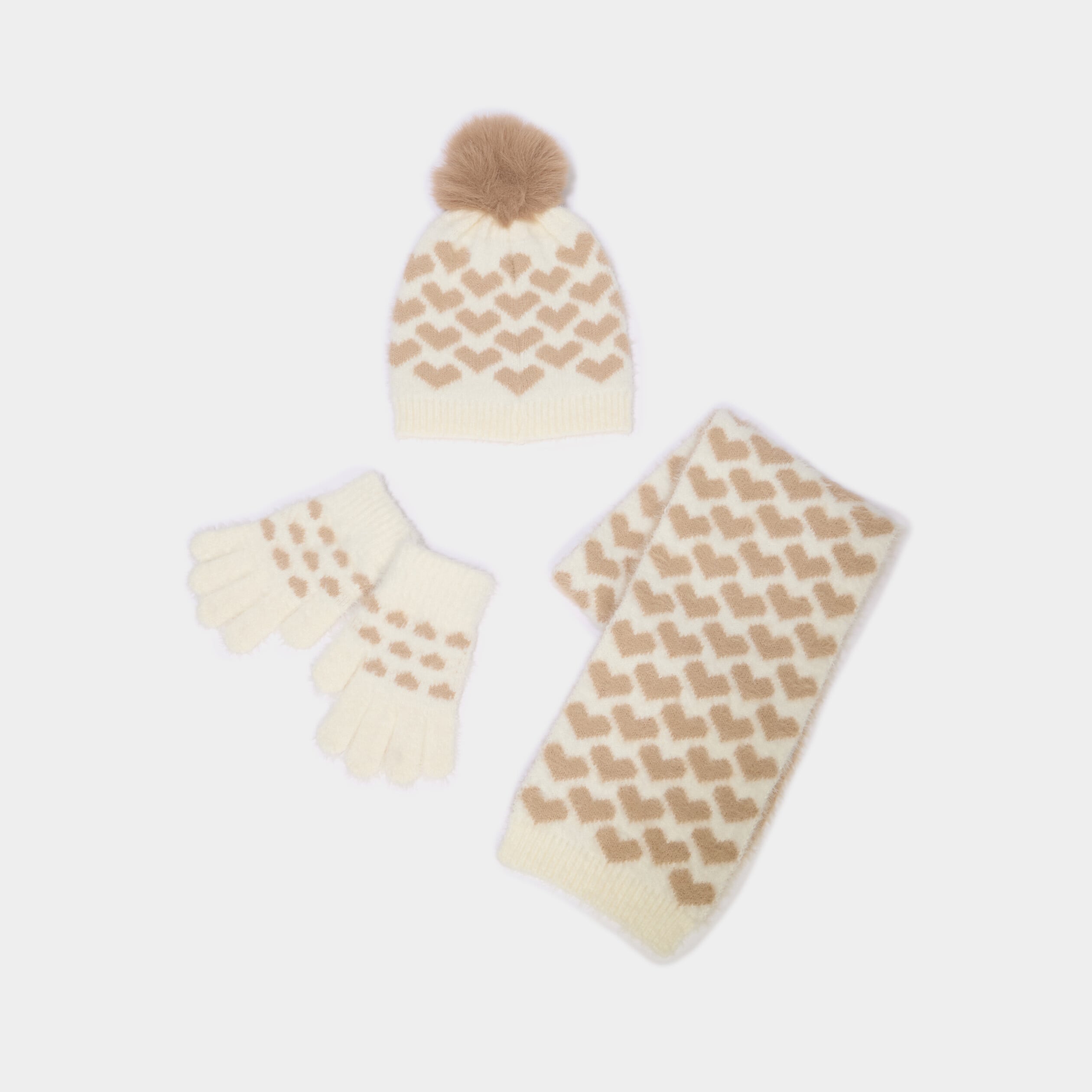 Ensemble &eacute;charpe, bonnet et gants sable fille