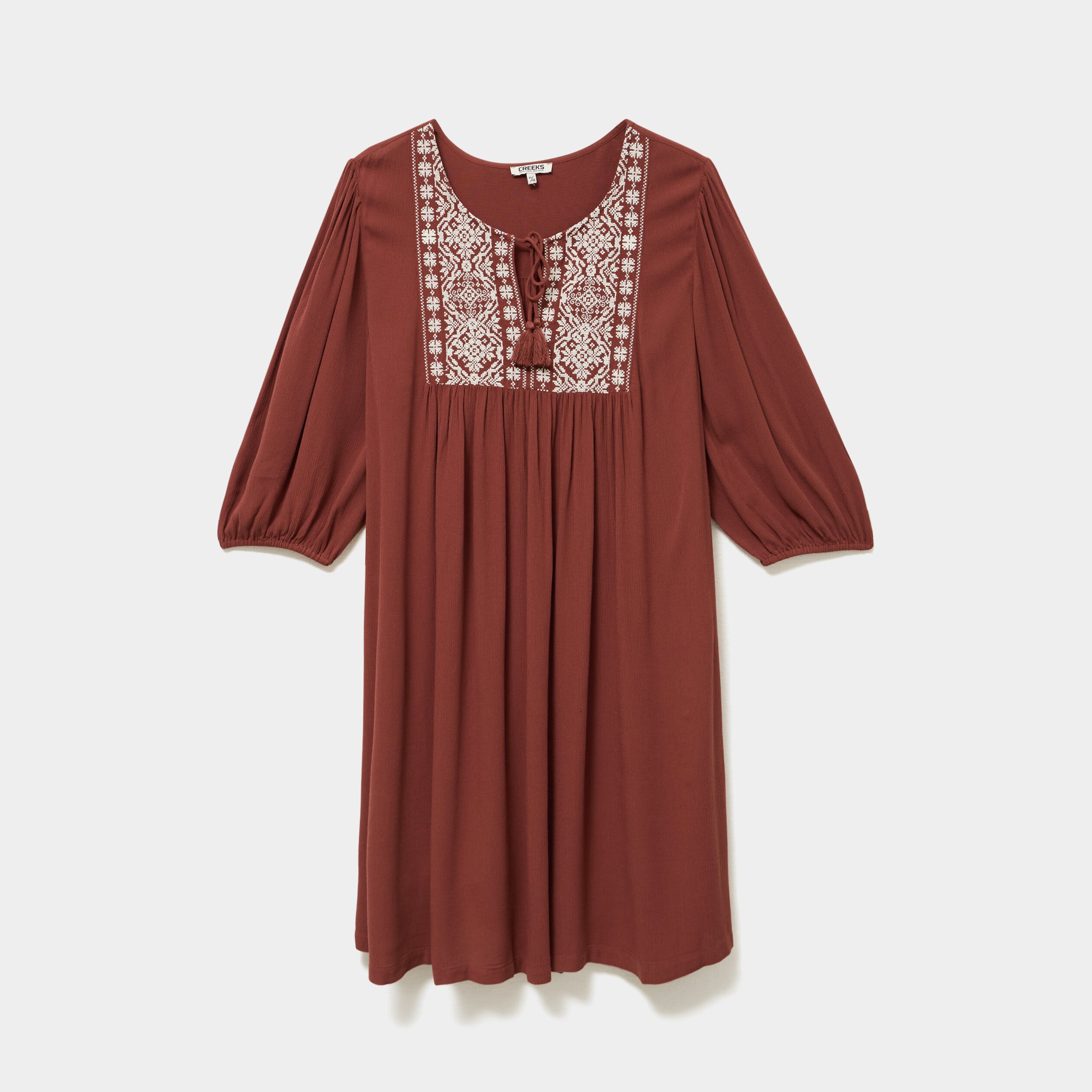 Robe fluide buste brod&eacute;e marron cognac femme grande taille