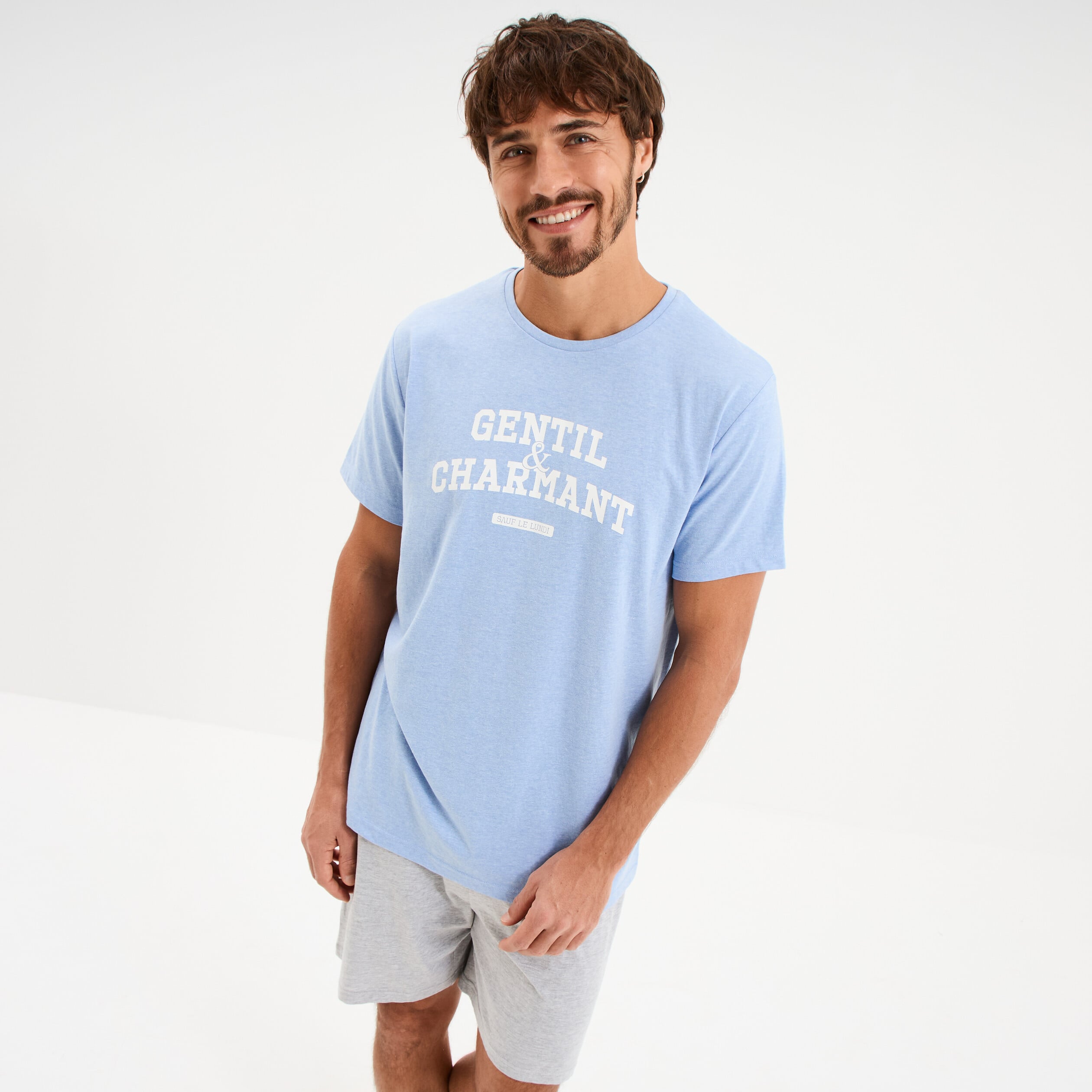 Ensemble pyjama short 2 pi&egrave;ces bleu ciel homme
