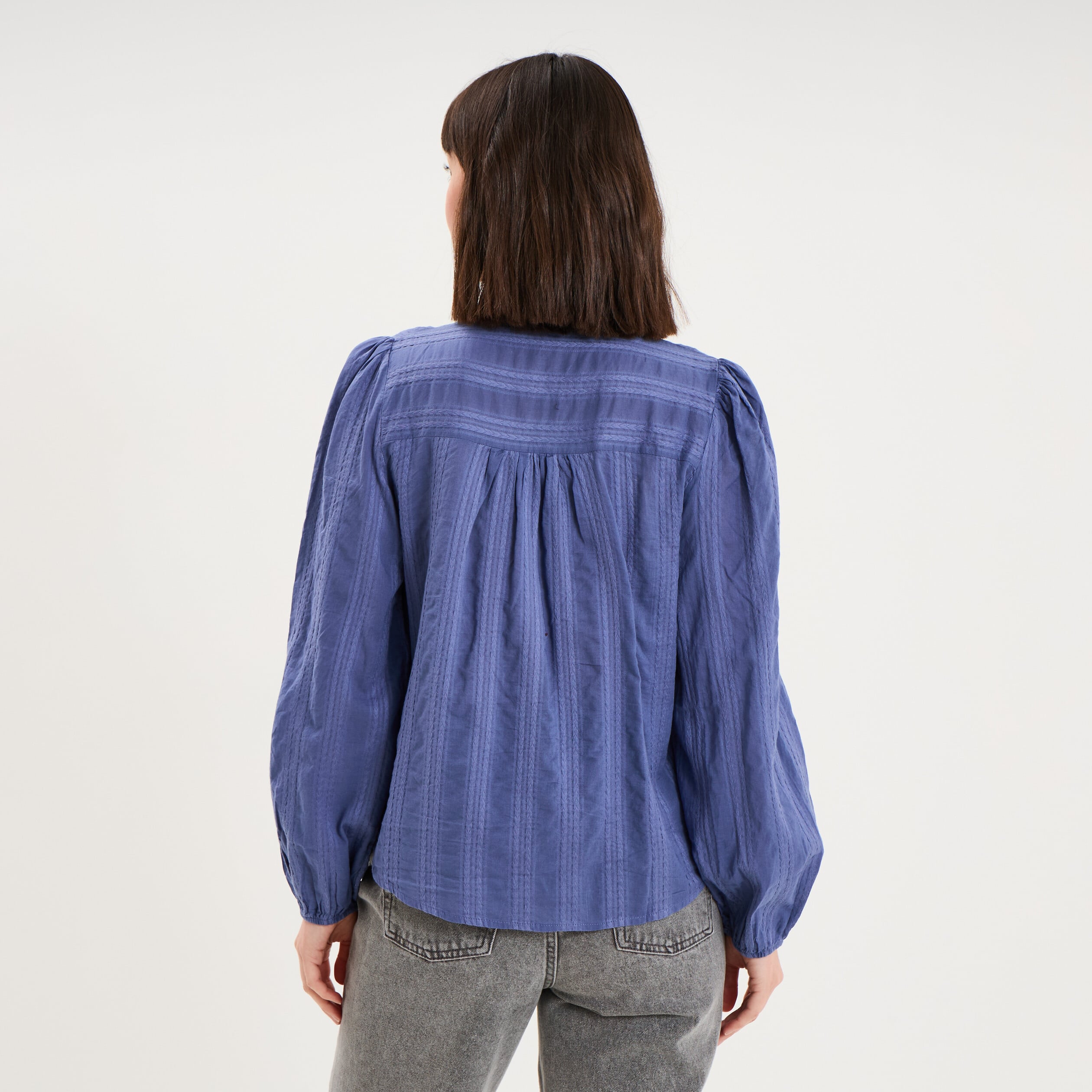 Blouse droite col tunisien coton bleu gris femme