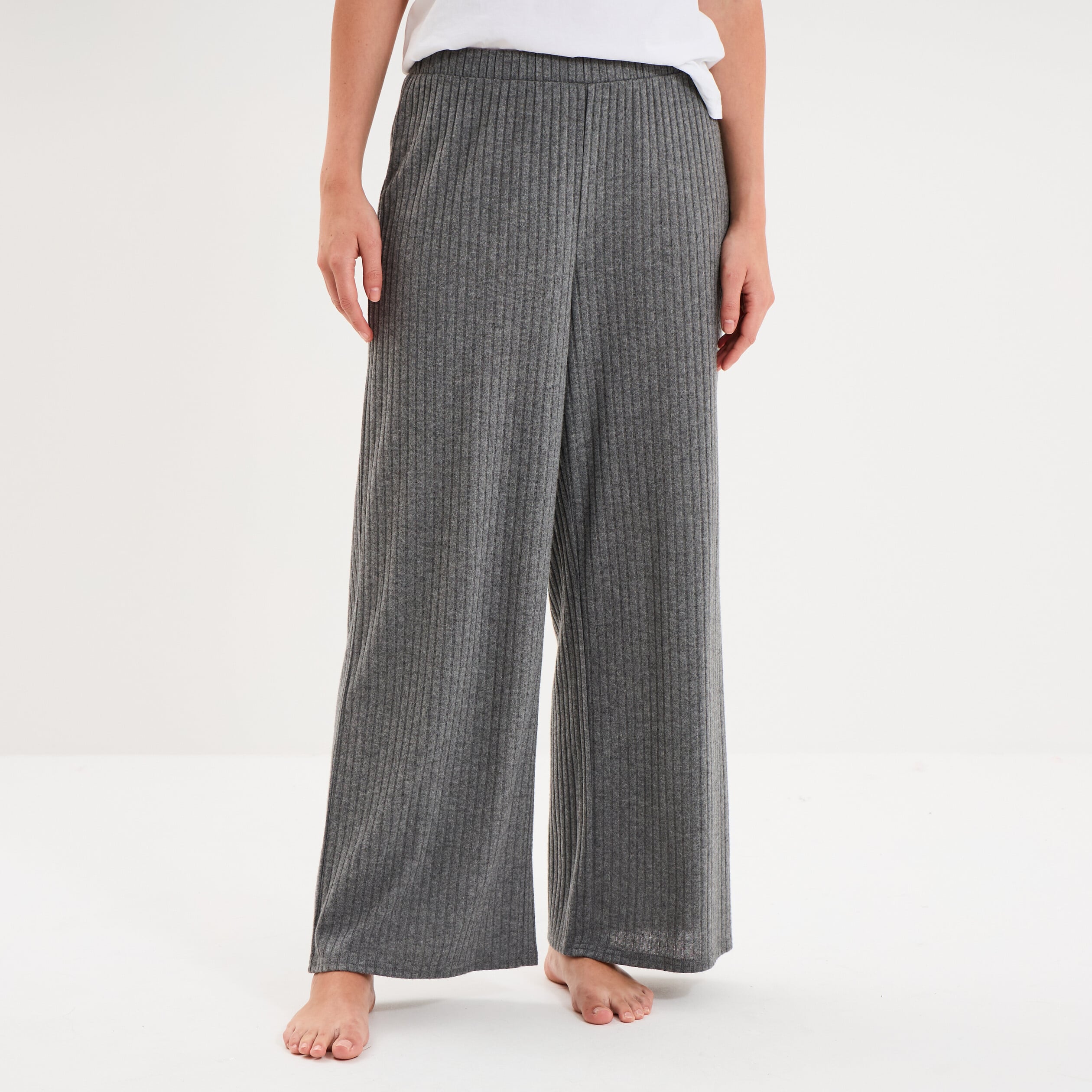 Pantalon de pyjama droit c&ocirc;tel&eacute; gris fonc&eacute; femme