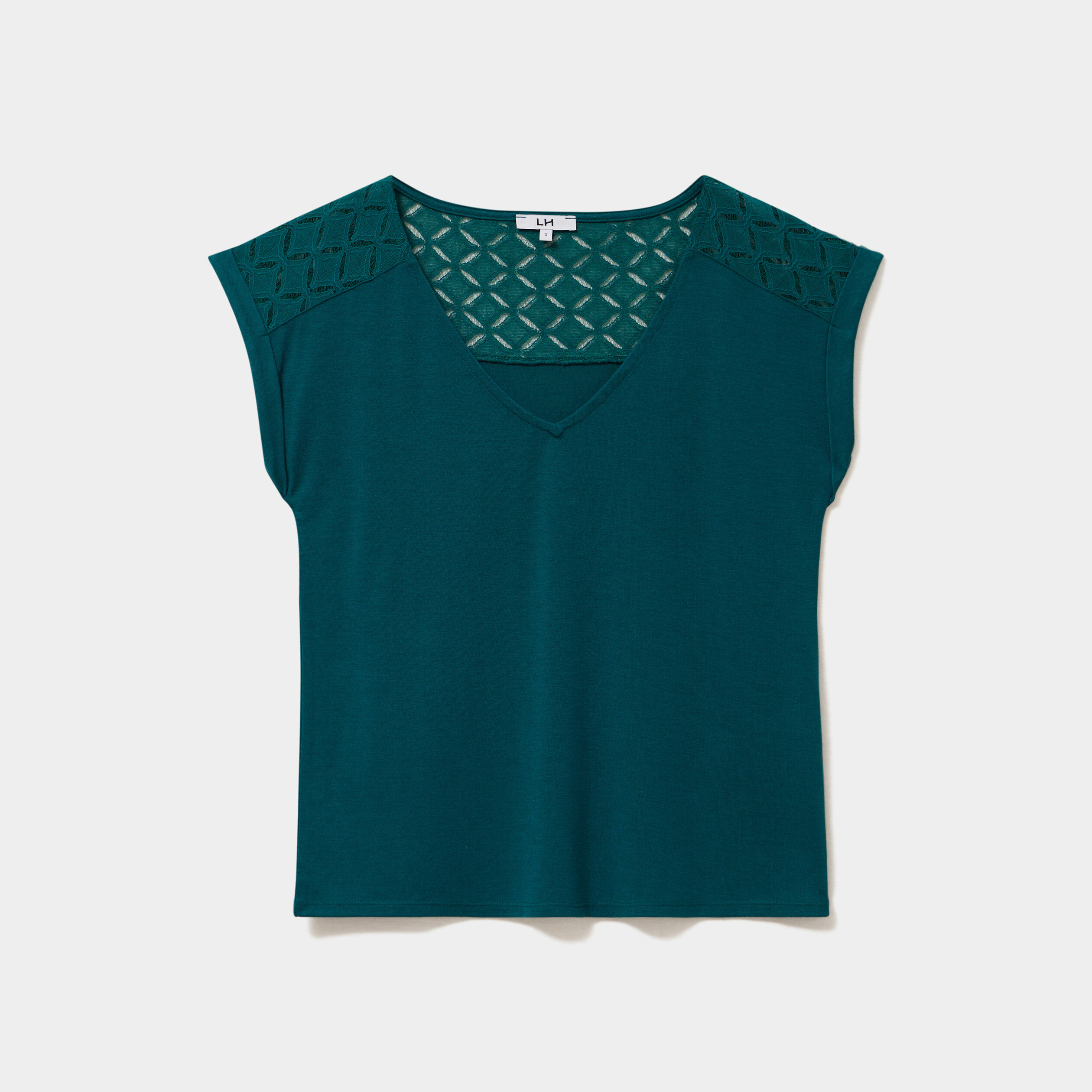T-shirt col en V ajour&eacute; &eacute;paules et dos vert fonc&eacute; femme