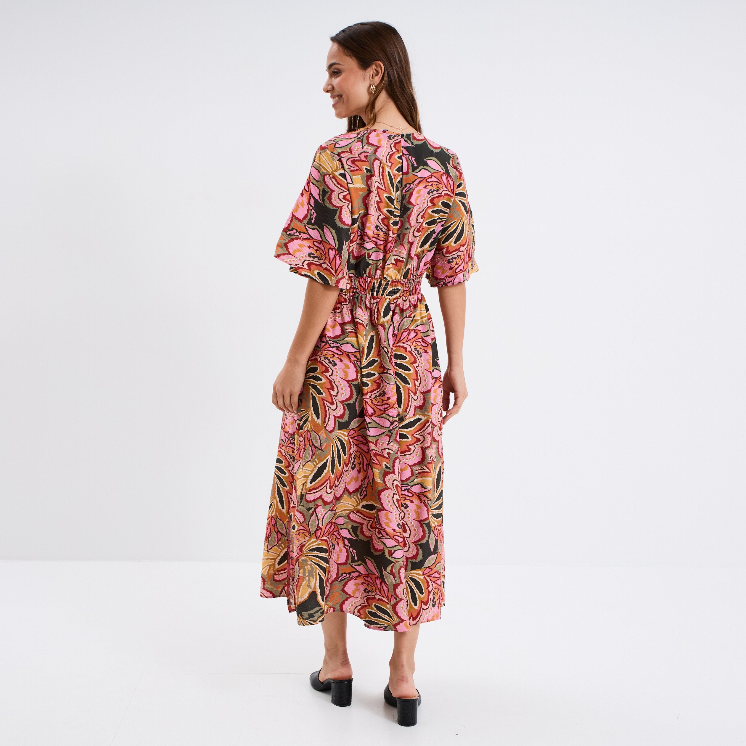 robe longue col en v taille elastiquee multicolore femme Robe longue col en V taille élastiquée multicolore femme