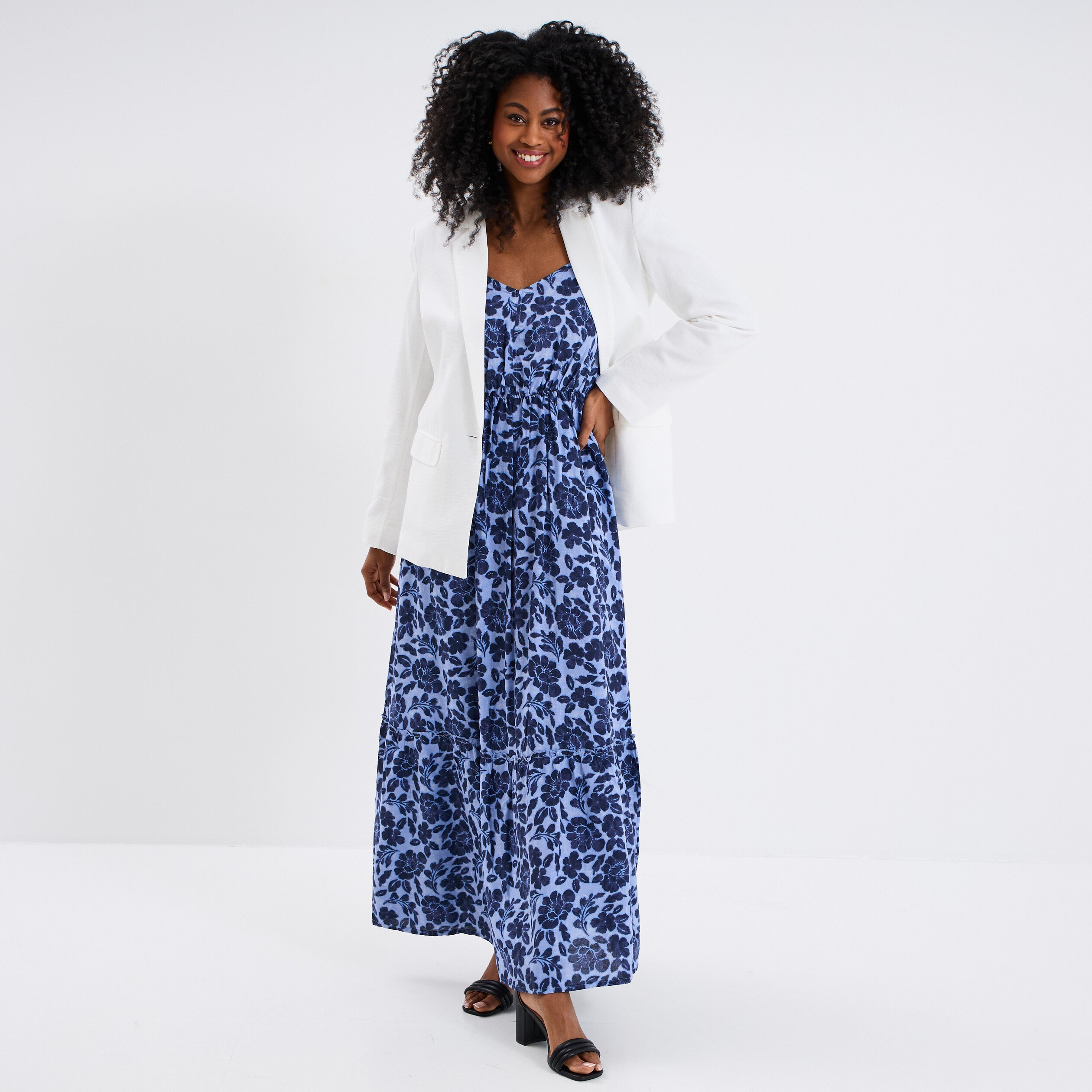 robe longue bretelles et col en v bleu femme Robe longue bretelles et col en V bleu femme