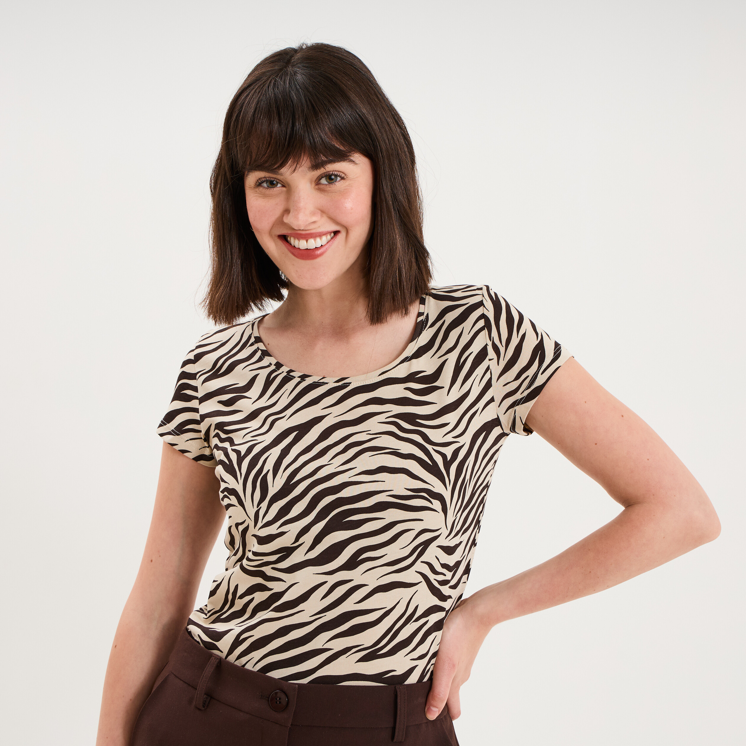 T-shirt coton imprim&eacute; coupe ajust&eacute;e beige clair femme