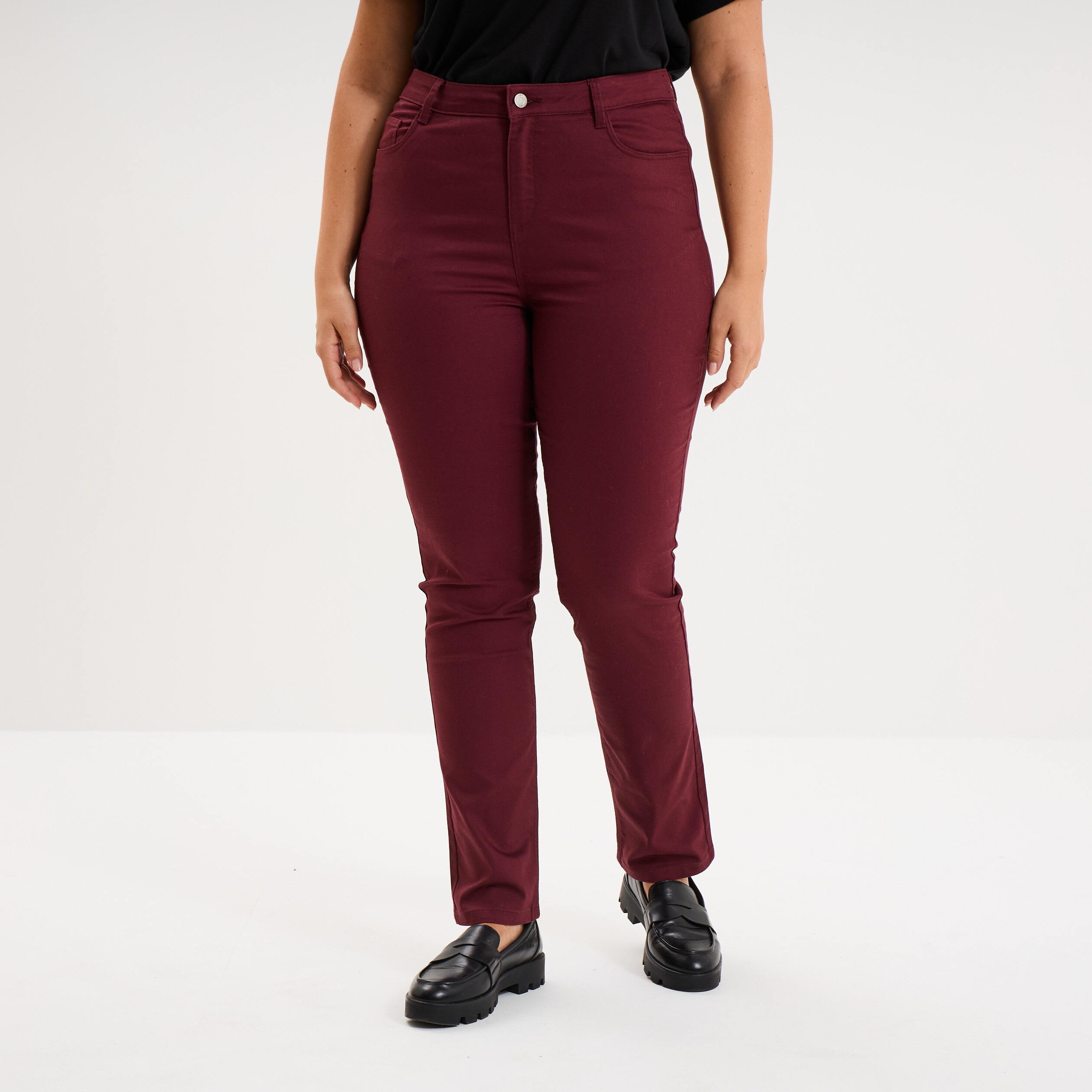 Pantalon droit taille haute extensible violet fonc&eacute; femme grande taille