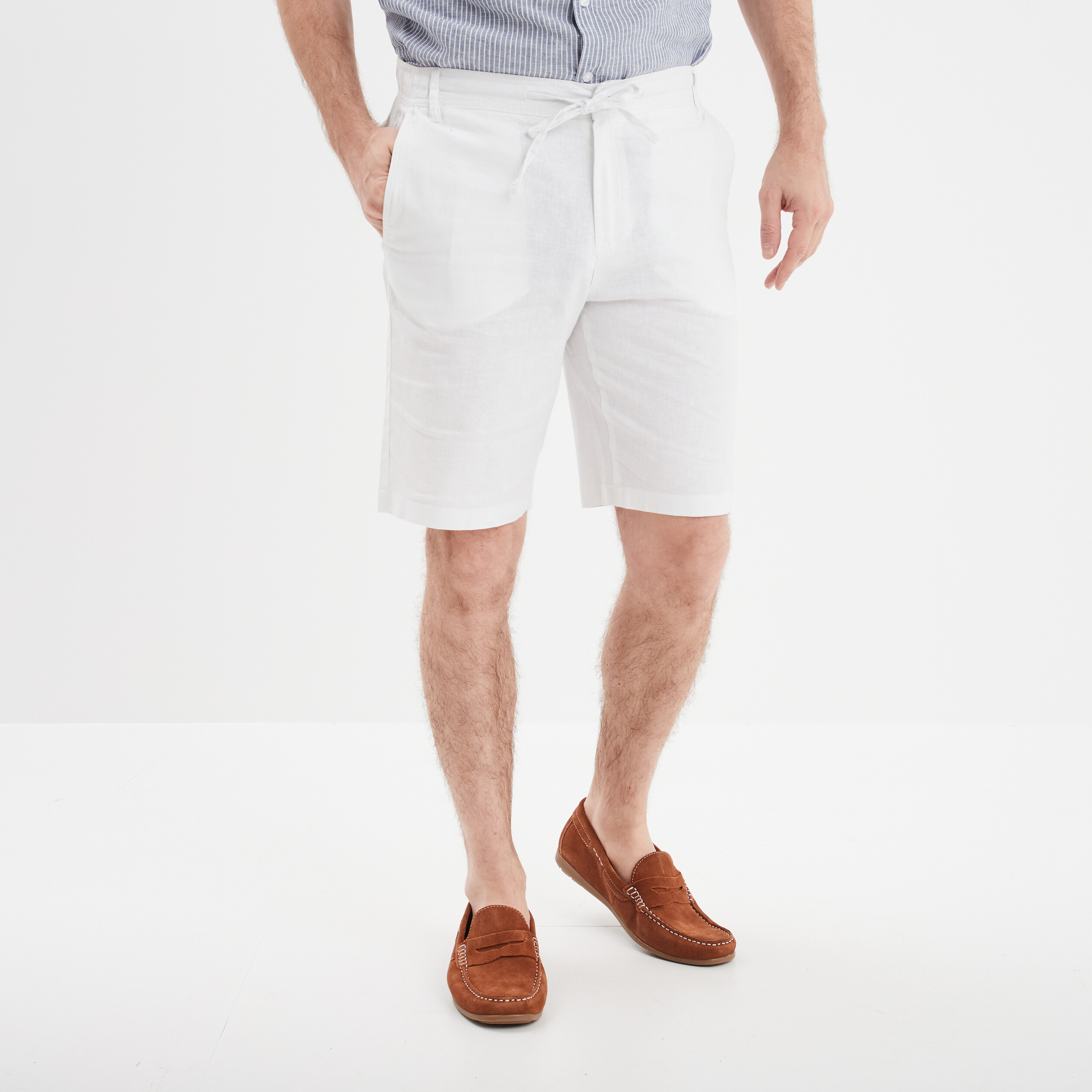 bermuda chino a coulisse lin melange blanc homme Bermuda chino à coulisse lin mélangé blanc homme