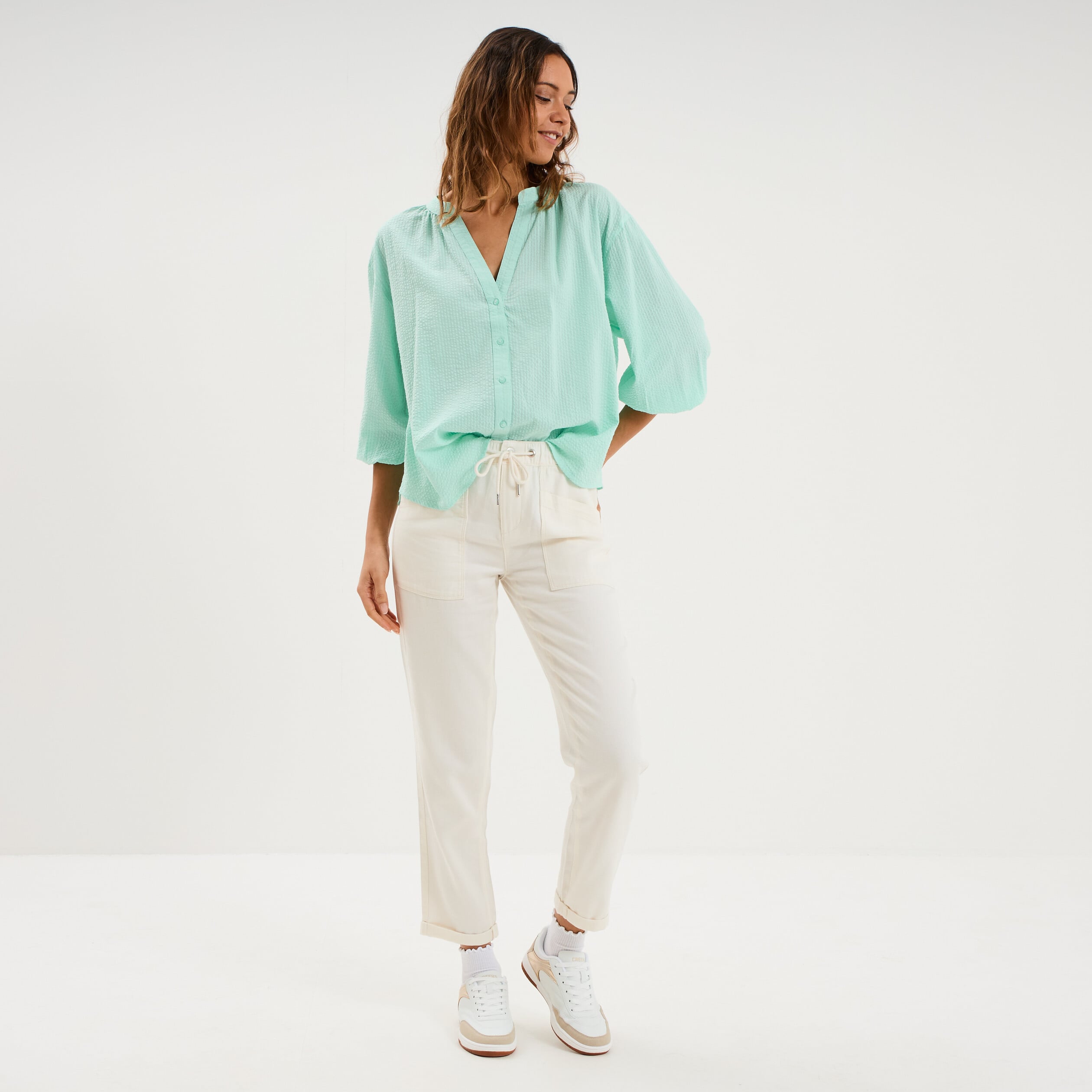 Blouse col tunisien manches 3/4 coton vert clair femme