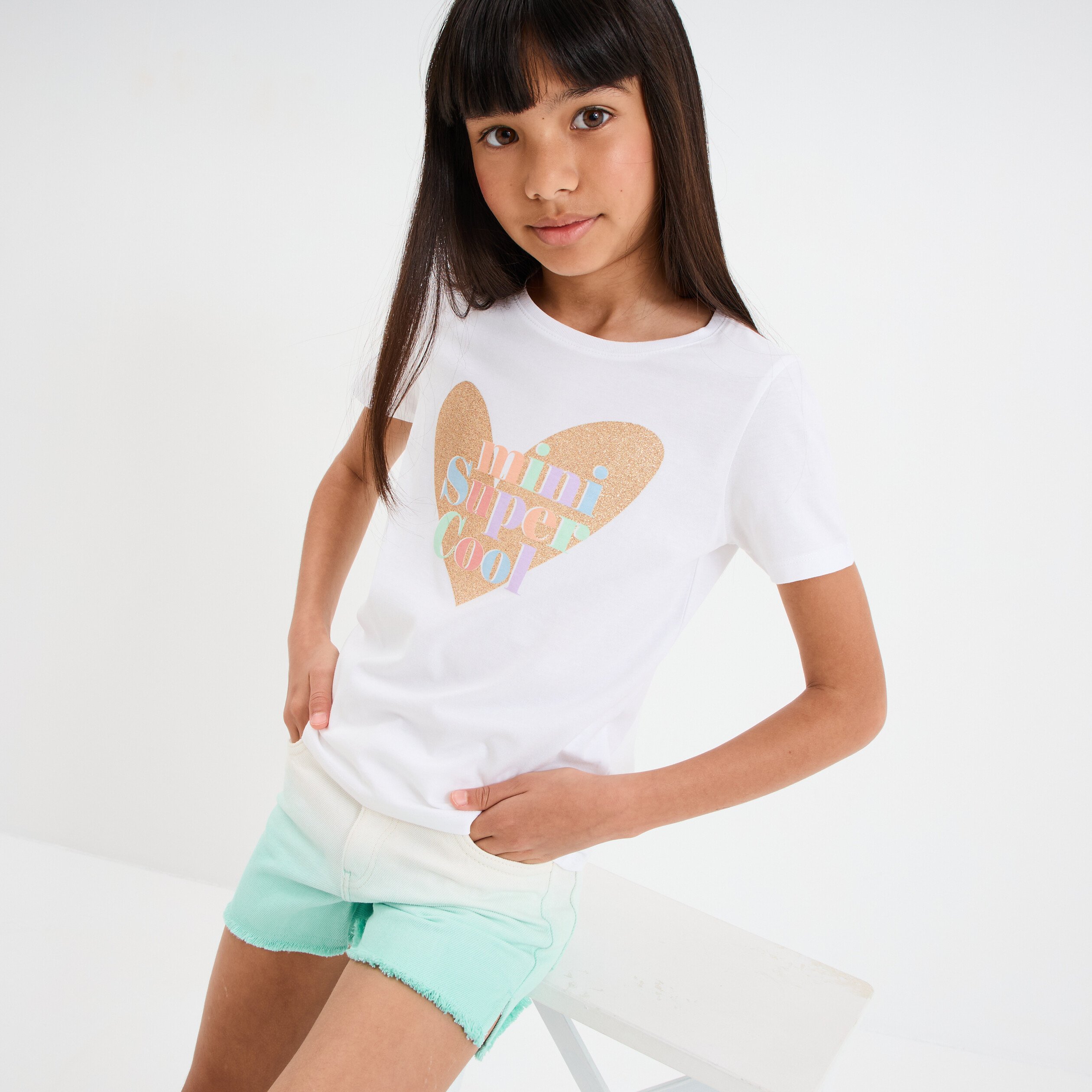 t shirt manches courtes col rond coton ivoire fille T-shirt manches courtes col rond coton ivoire fille