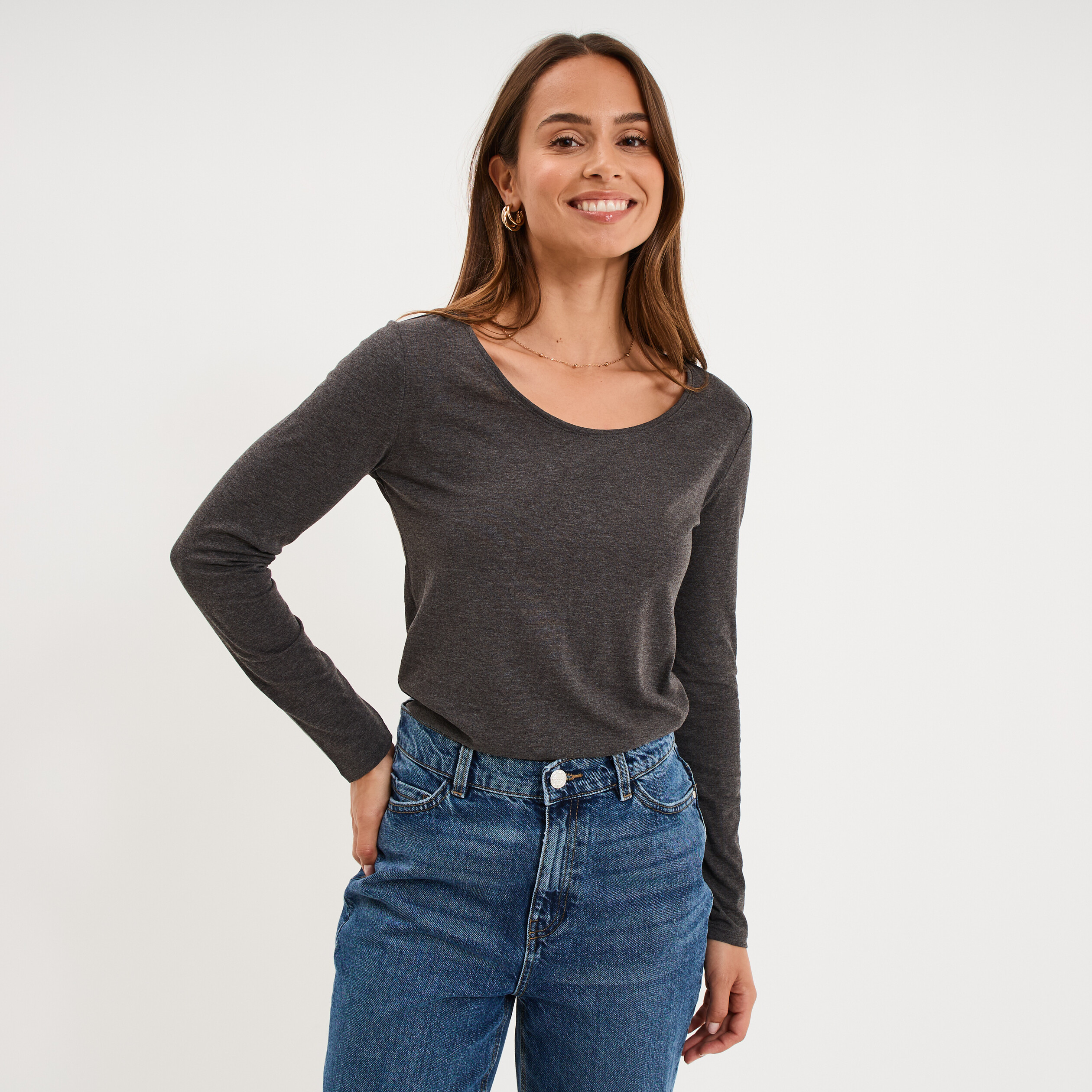 T-shirt &agrave; manches longues gris fonc&eacute; femme