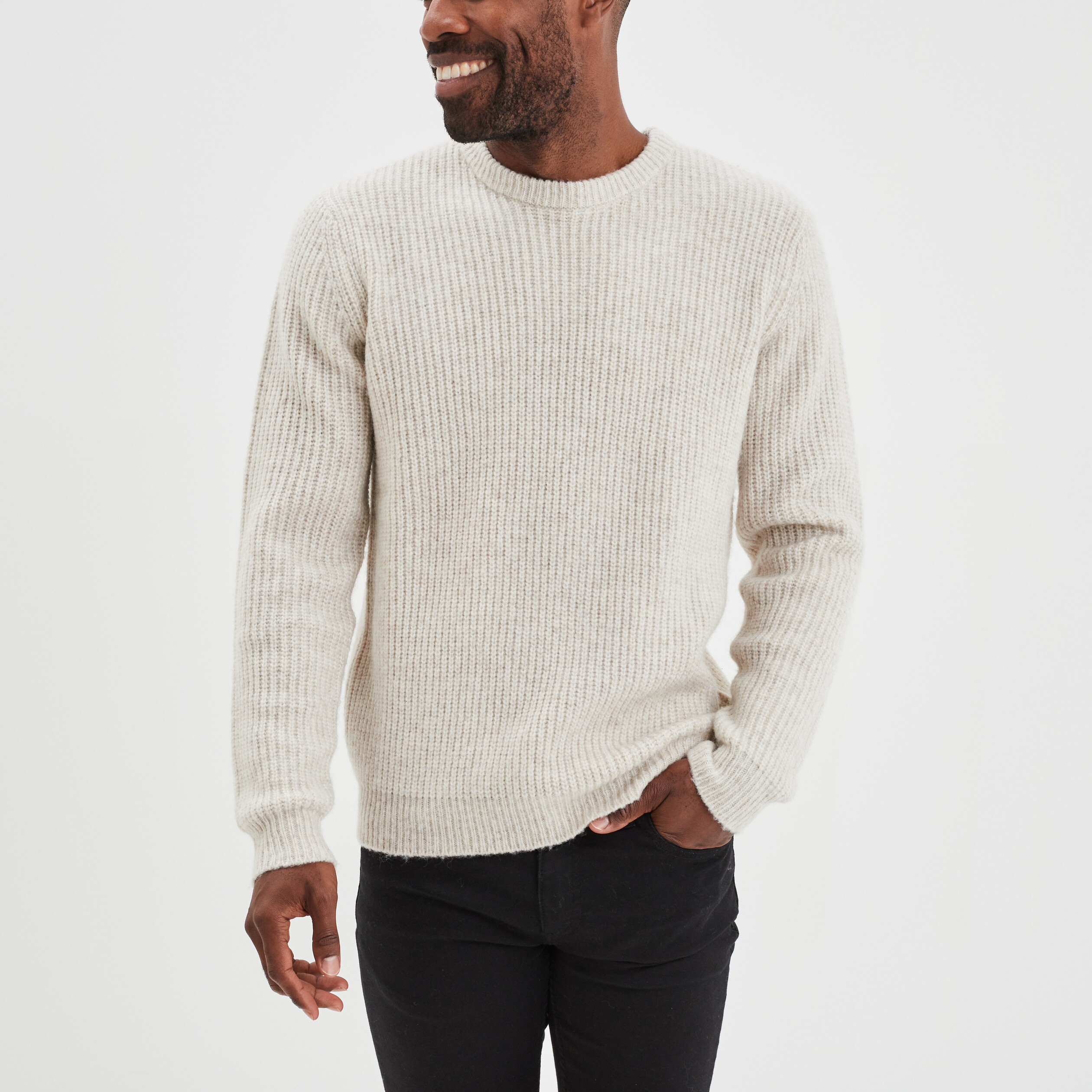Pull col rond à manches longues beige homme