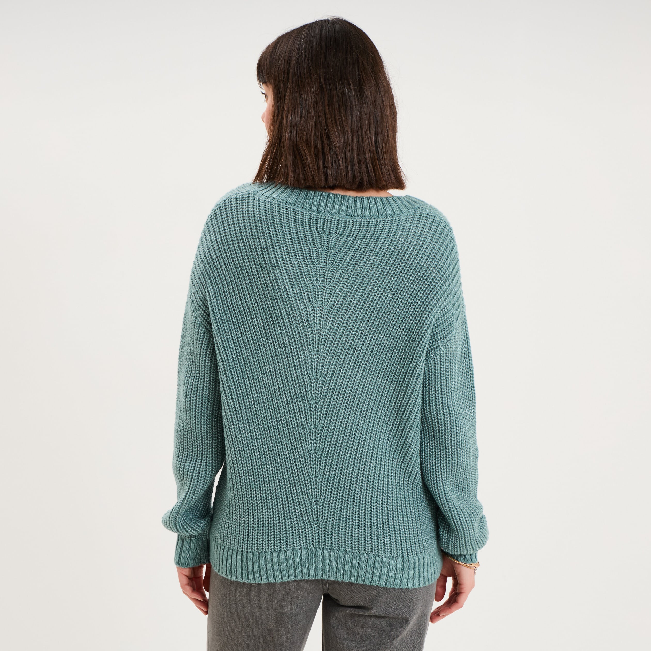 Pull col en V bleu canard femme
