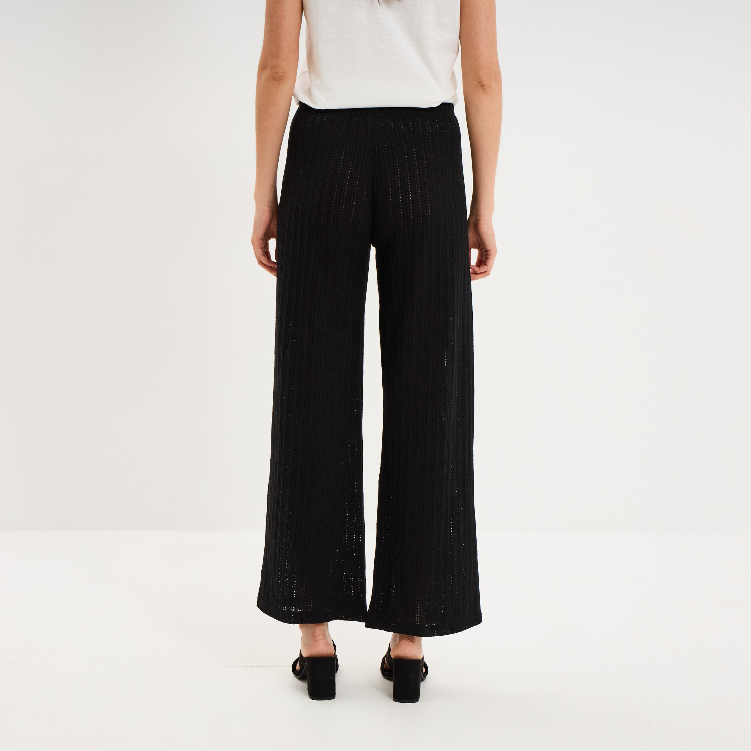 Pantalon large effet crochet &eacute;lastiqu&eacute; noir femme