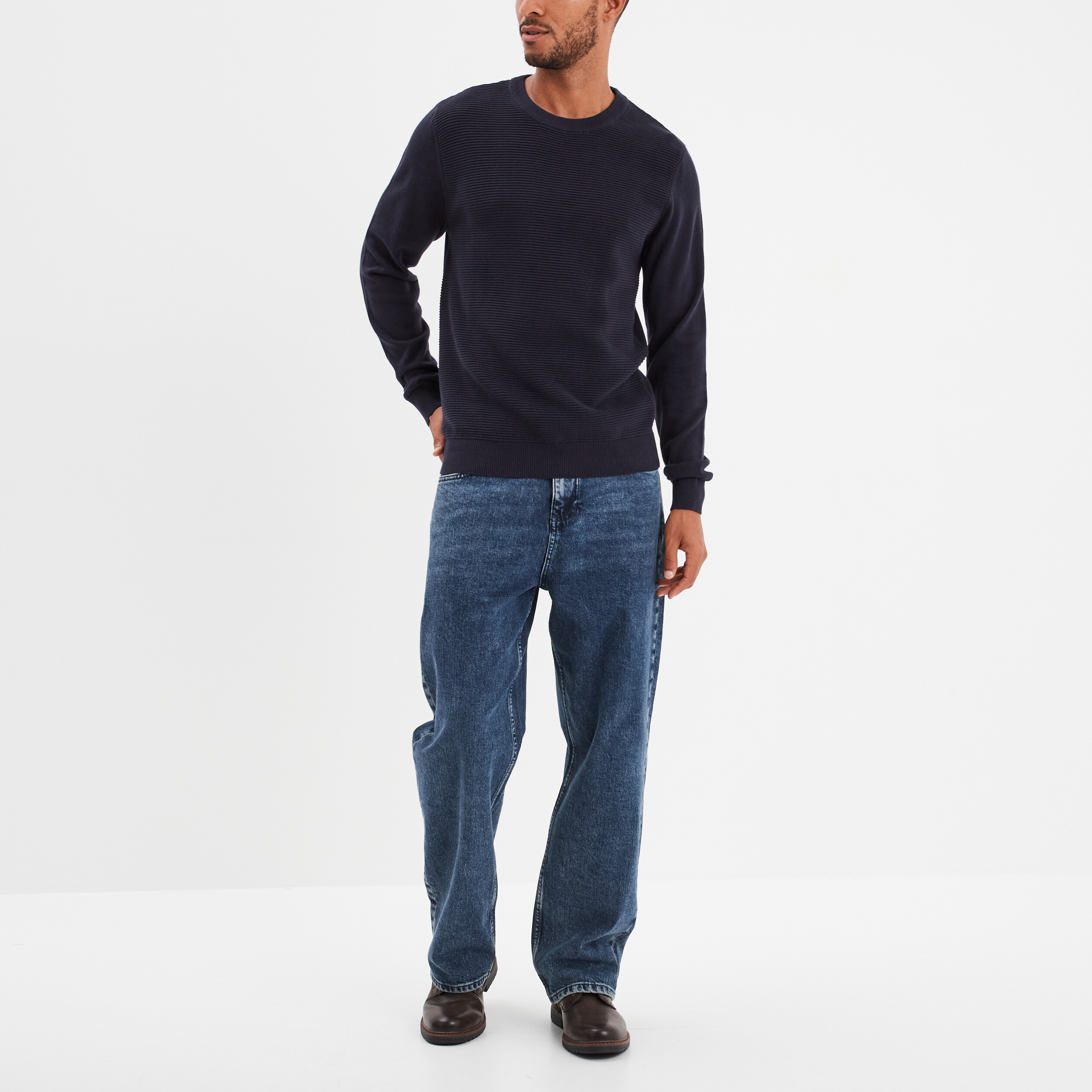 pull col rond coton manches longues bleu fonce homme Pull col rond coton manches longues bleu foncé homme