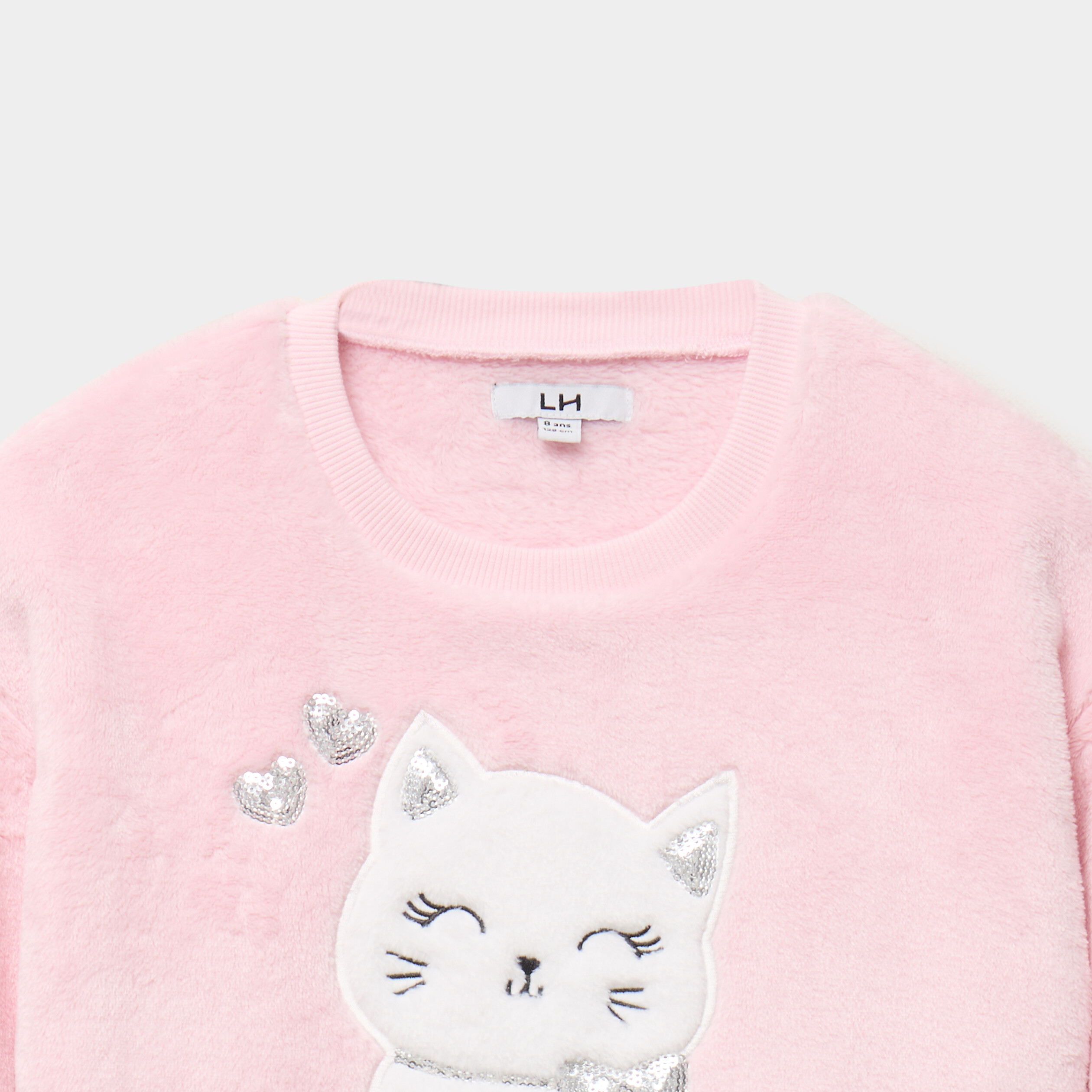 Sweat oversize velours avec sequins rose clair fille