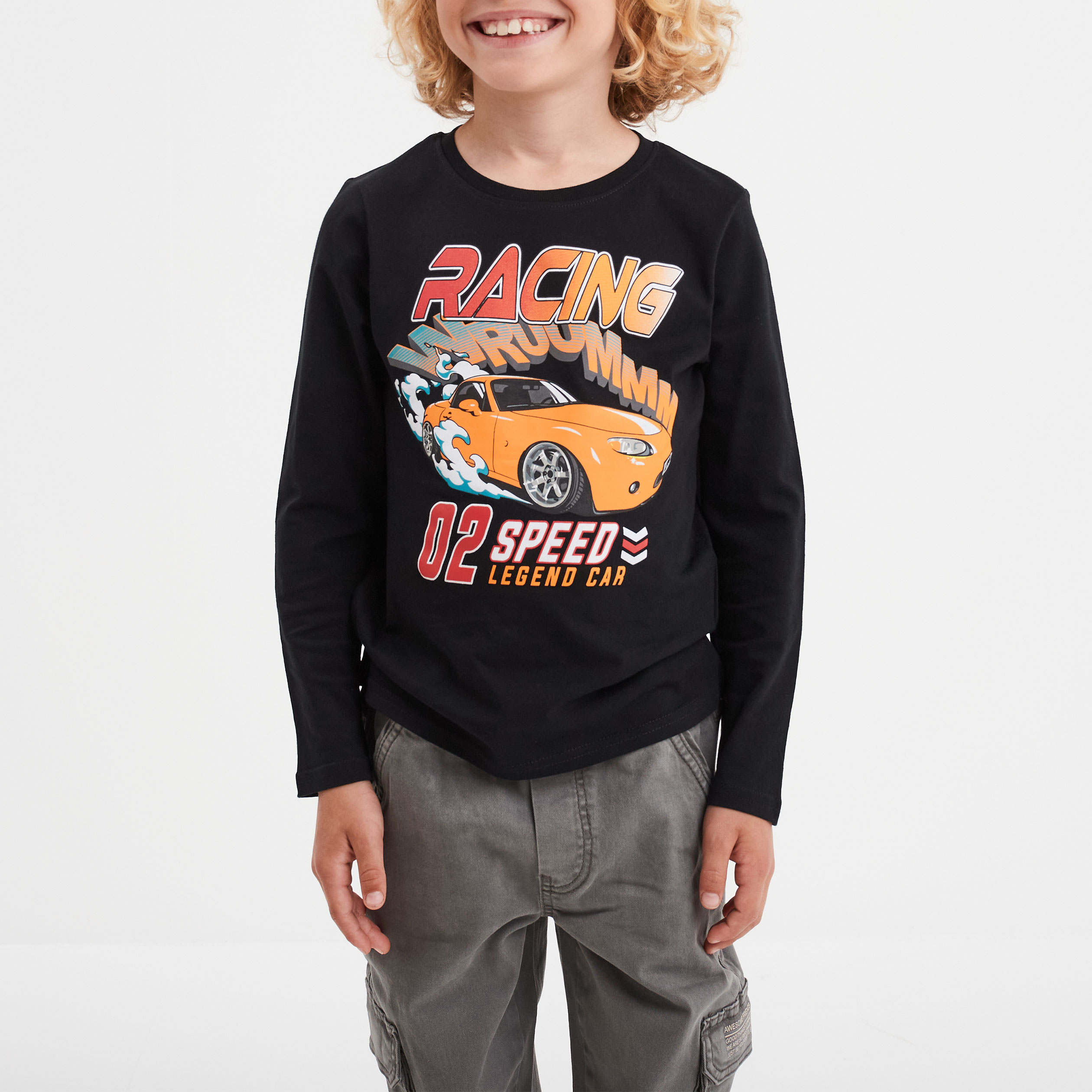 T-shirt col rond manches longues coton noir garçon