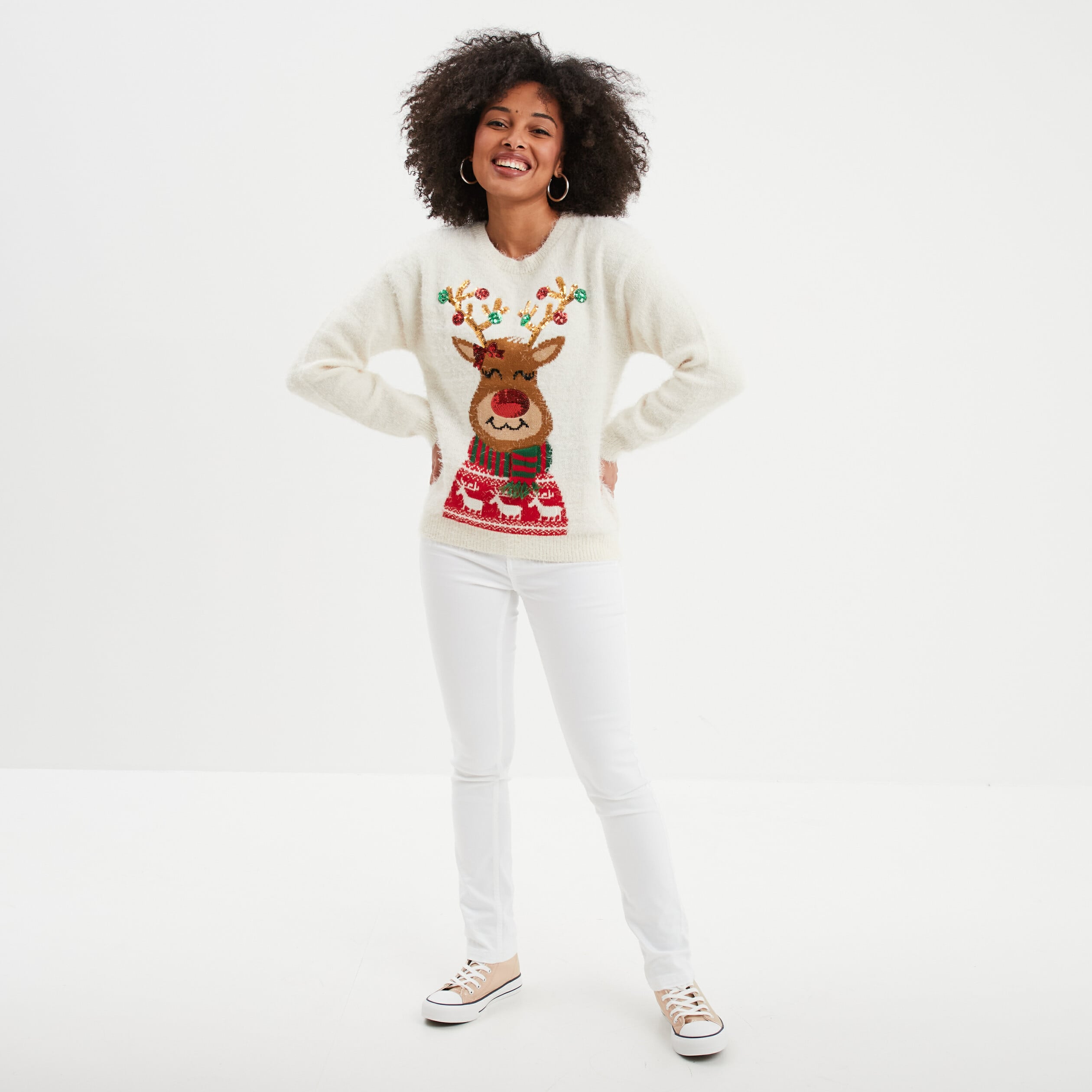 Pull de No&euml;l lumineux &agrave; sequins ivoire femme