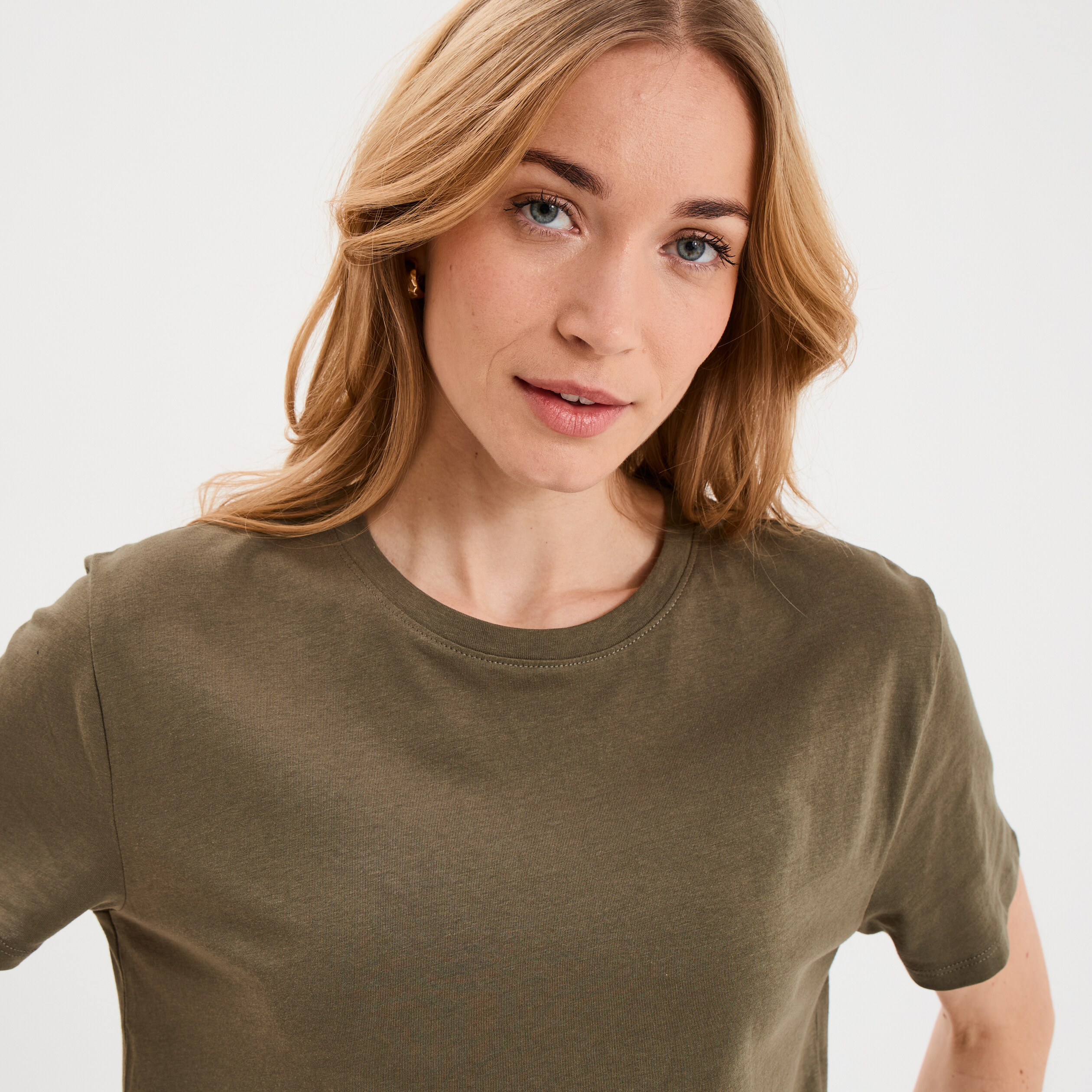 T-shirt col rond manches courtes coton vert kaki femme