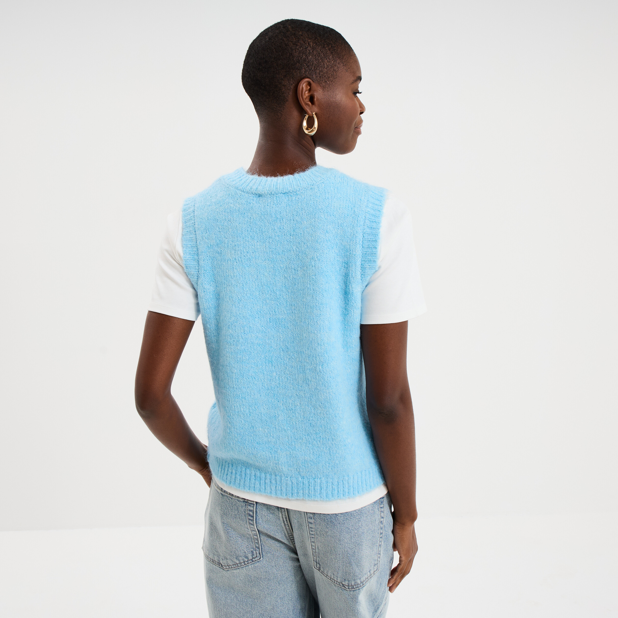 Pull sans manches col rond bleu clair femme