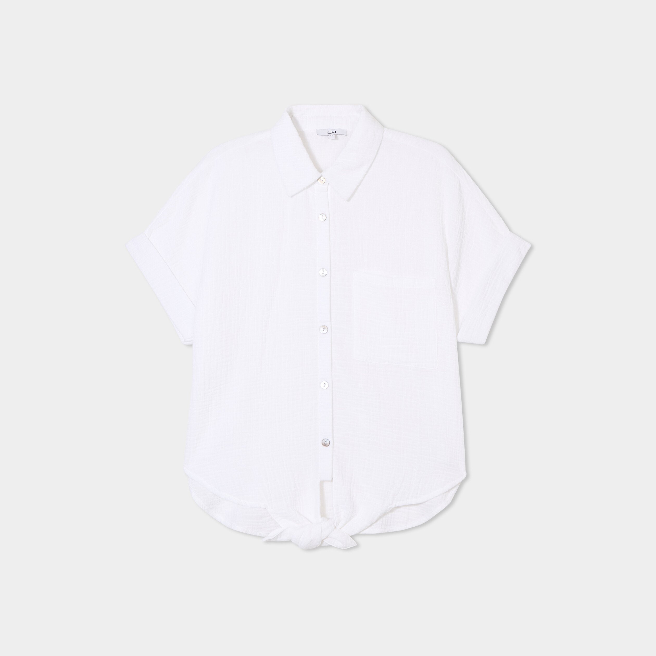 chemise nouee manches courtes gaze coton blanc femme Chemise nouée manches courtes gaze coton blanc femme