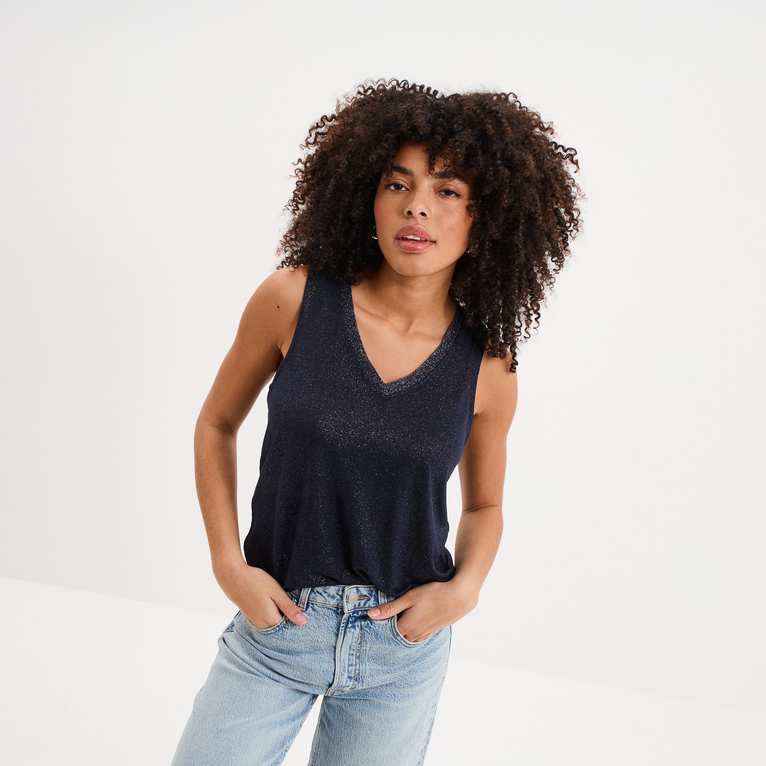 D&eacute;bardeur col en V sans manches bleu fonc&eacute; femme