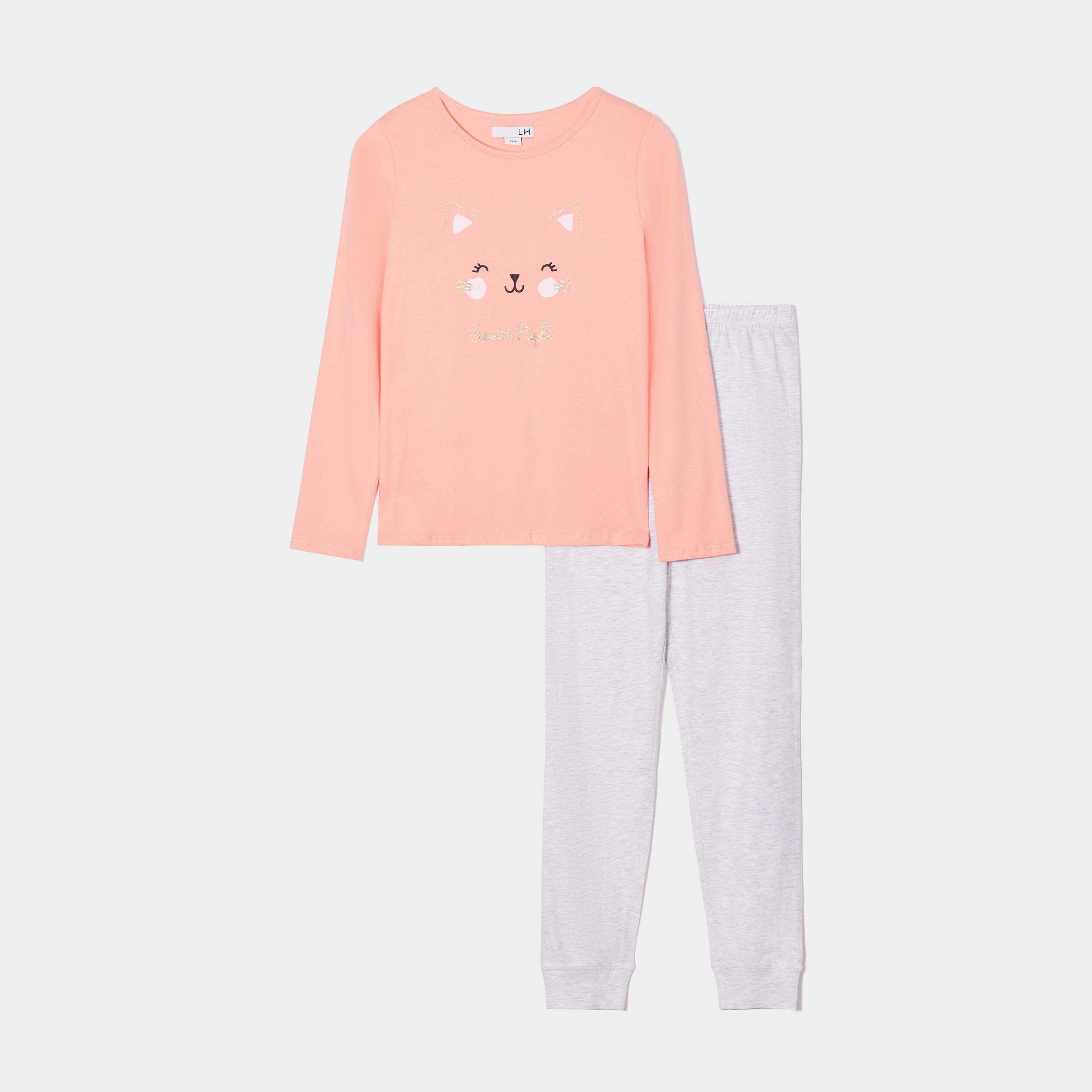 Ensemble pyjama pantalon resserré chat orange corail fille