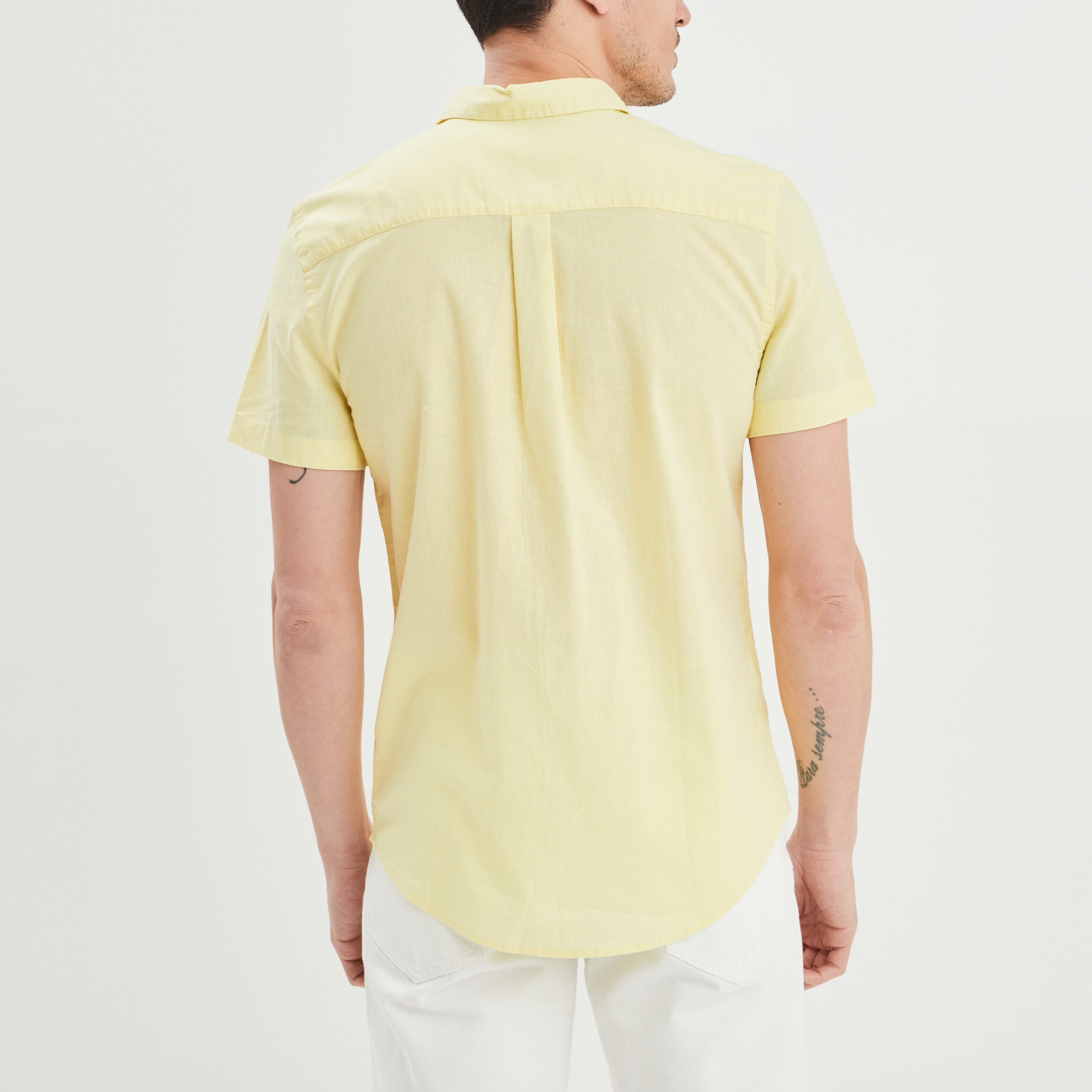 chemise manches courtes lin melange jaune clair homme Chemise manches courtes lin mélangé jaune clair homme