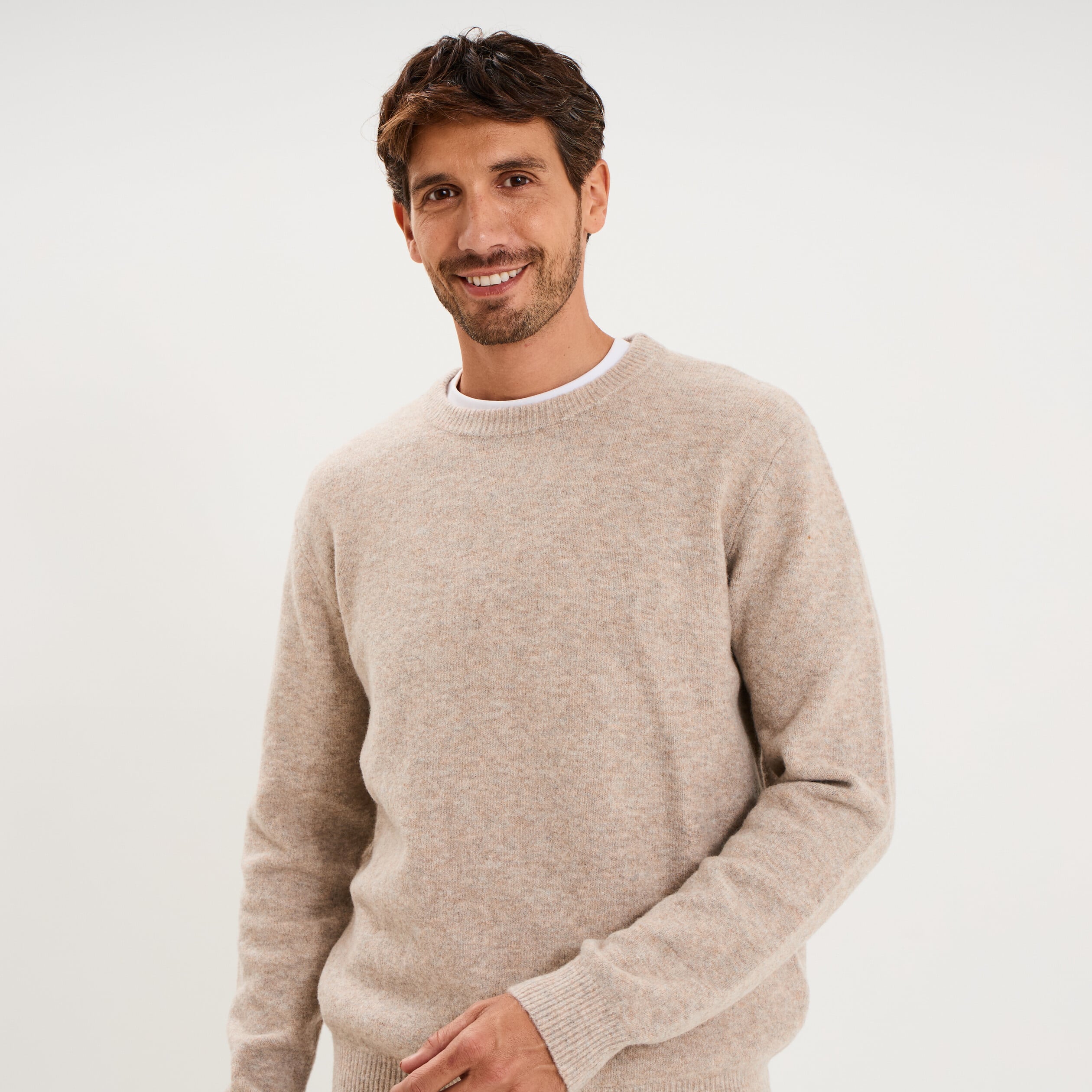 Pull col rond manches longues taupe homme