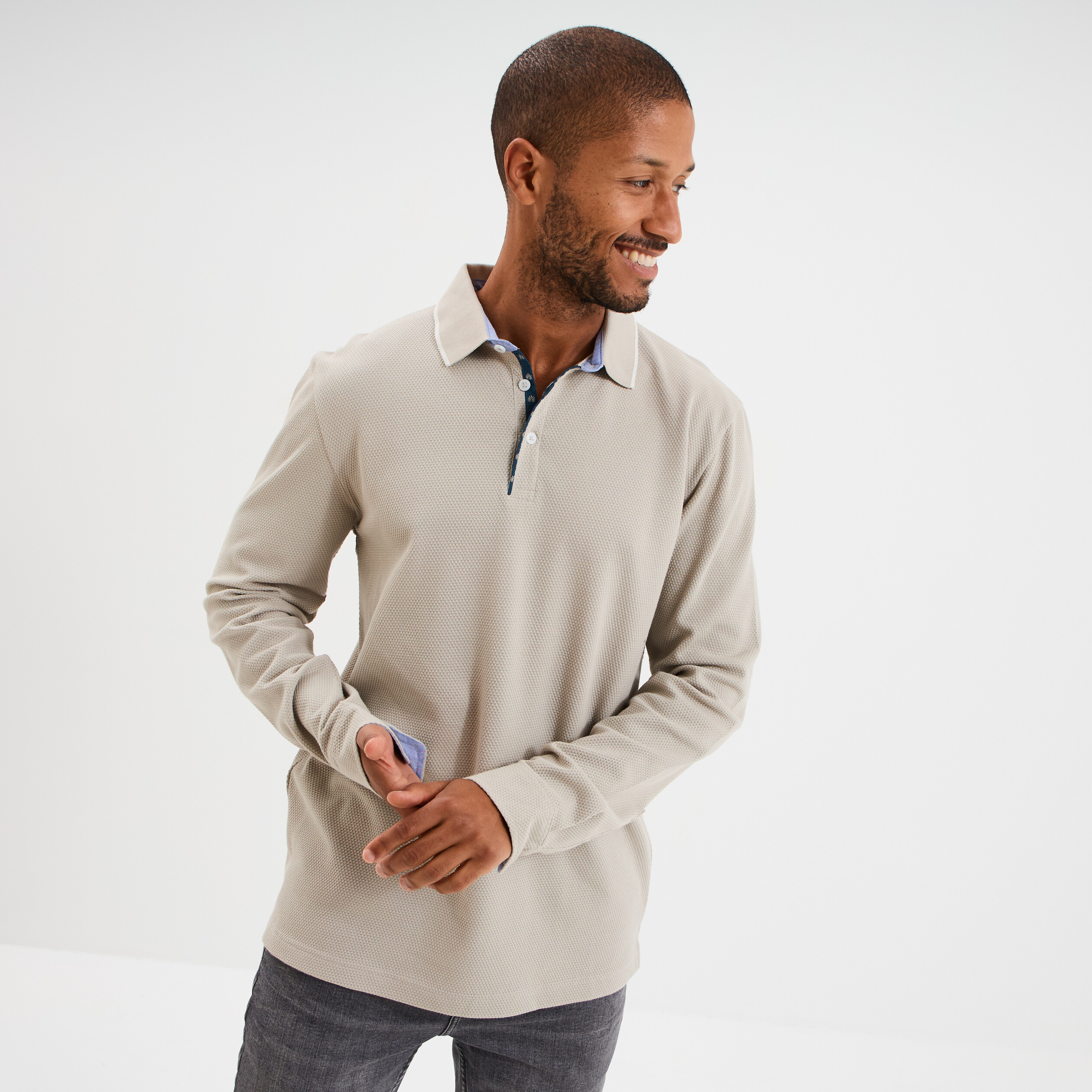Polo piqu&eacute; droit manches longues coton gris clair homme