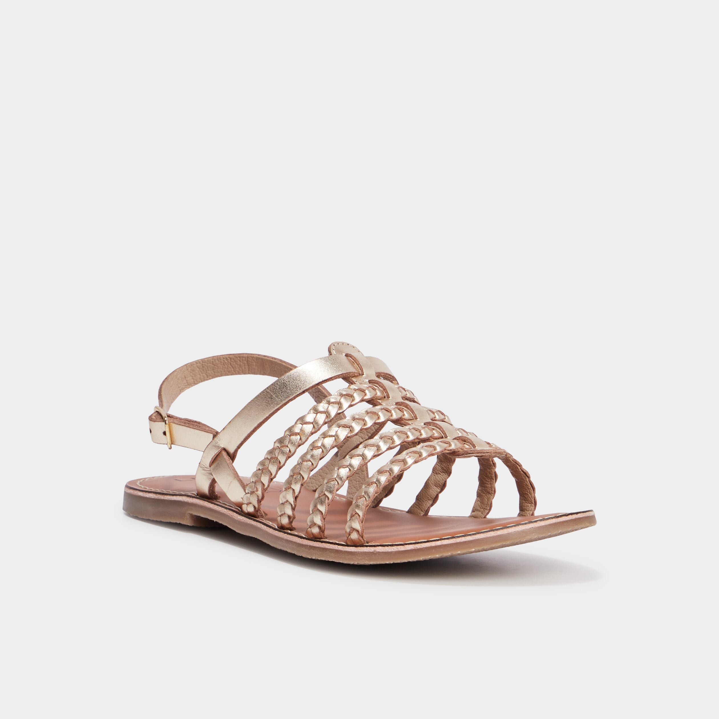 Sandales brides tress&eacute;es en cuir jaune or femme